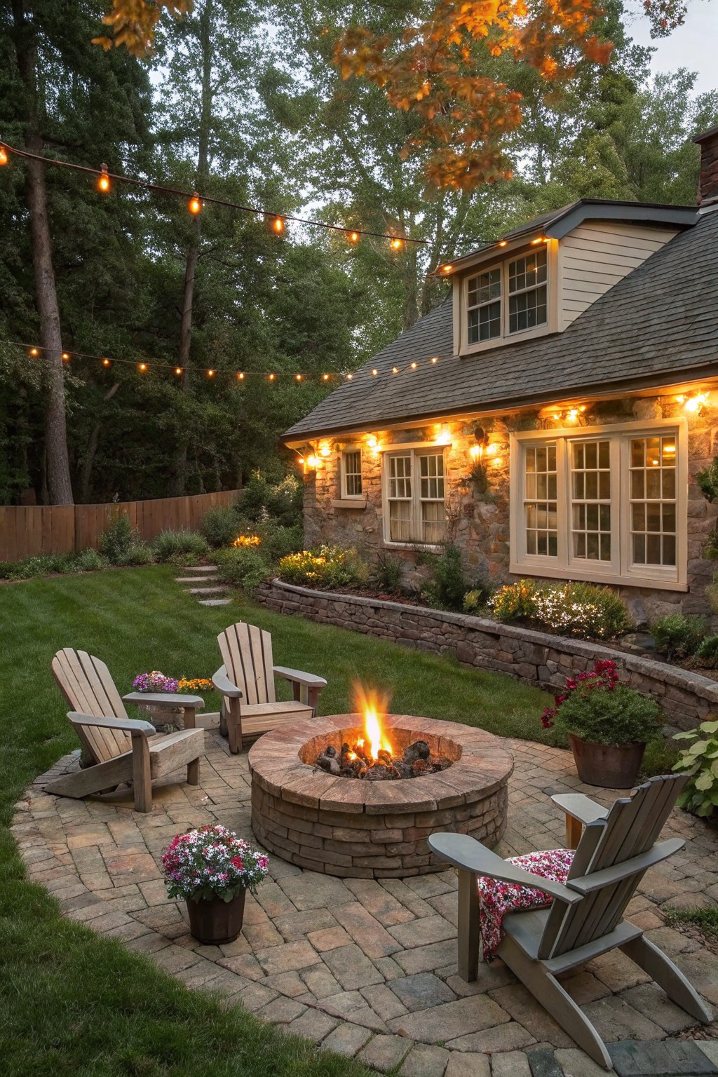 Stone fire pit on a brick paver patio surrounded by four Adirondack chairs, with string lights overhead, potted plants, a stone house, and trees in a backyard setting.