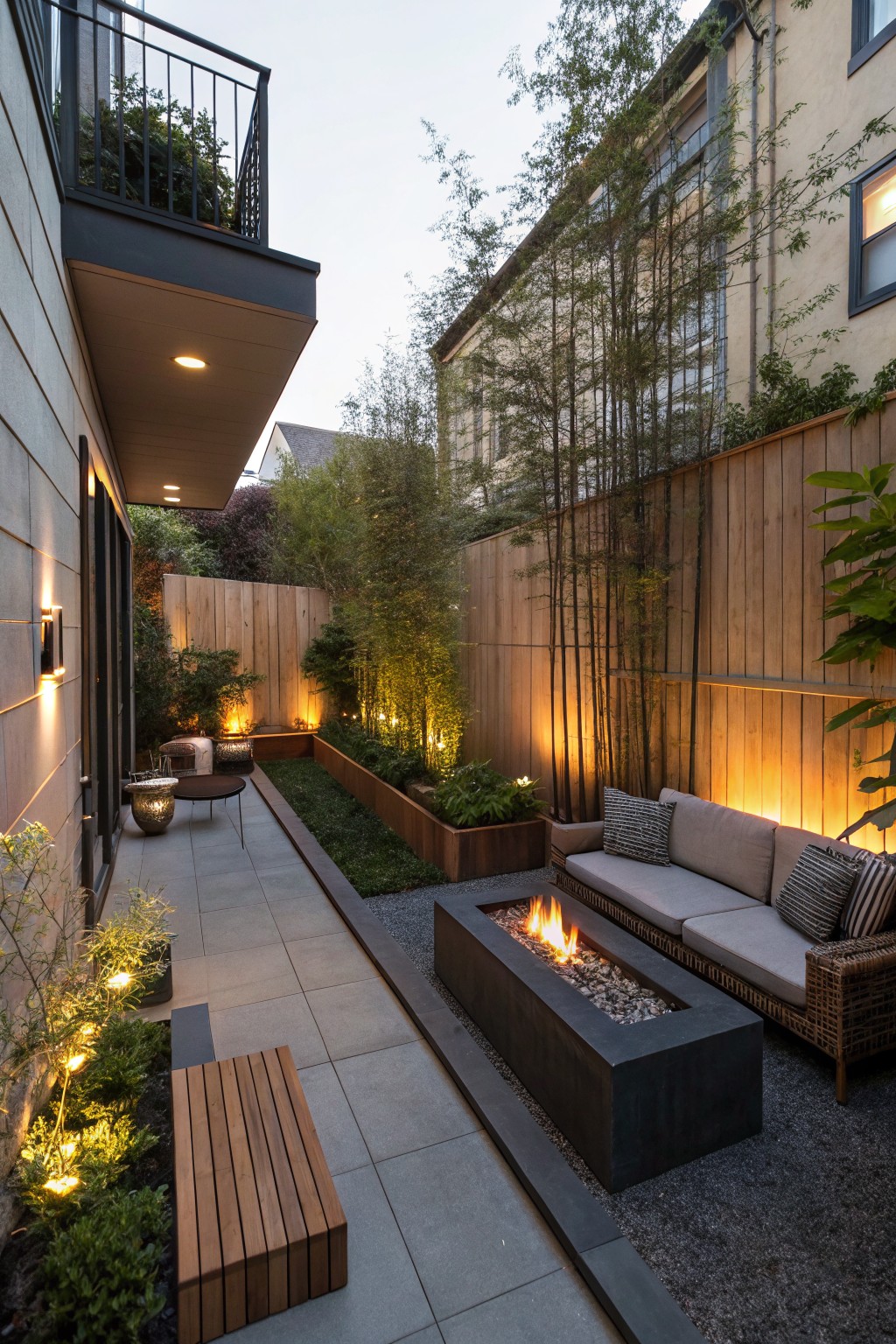 Narrow backyard patio featuring a rectangular linear fire pit with flames, beige L-shaped sofa, wooden bench, potted plants, bamboo screening along wooden fences, and warm ground lighting on a tiled path.