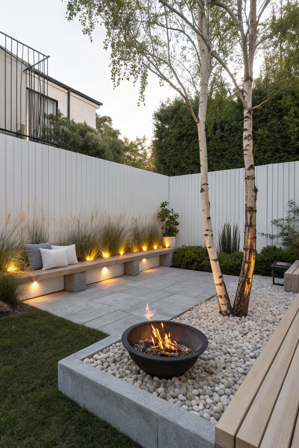 Backyard corner with black metal fire pit in raised concrete bed filled with white pebbles, adjacent wooden benches, lit ornamental grasses along white fence, birch trees, and concrete pavers.