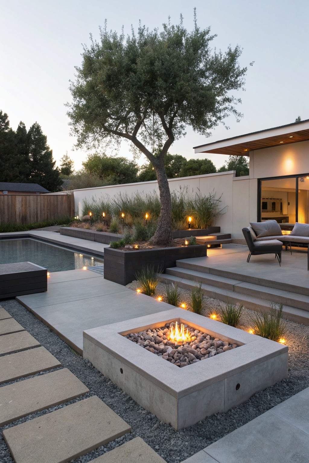 Modern backyard patio with rectangular concrete fire pit filled with pebbles and gas flames, next to a pool, steps to outdoor seating, grasses, olive tree, and minimalist house with lit windows.
