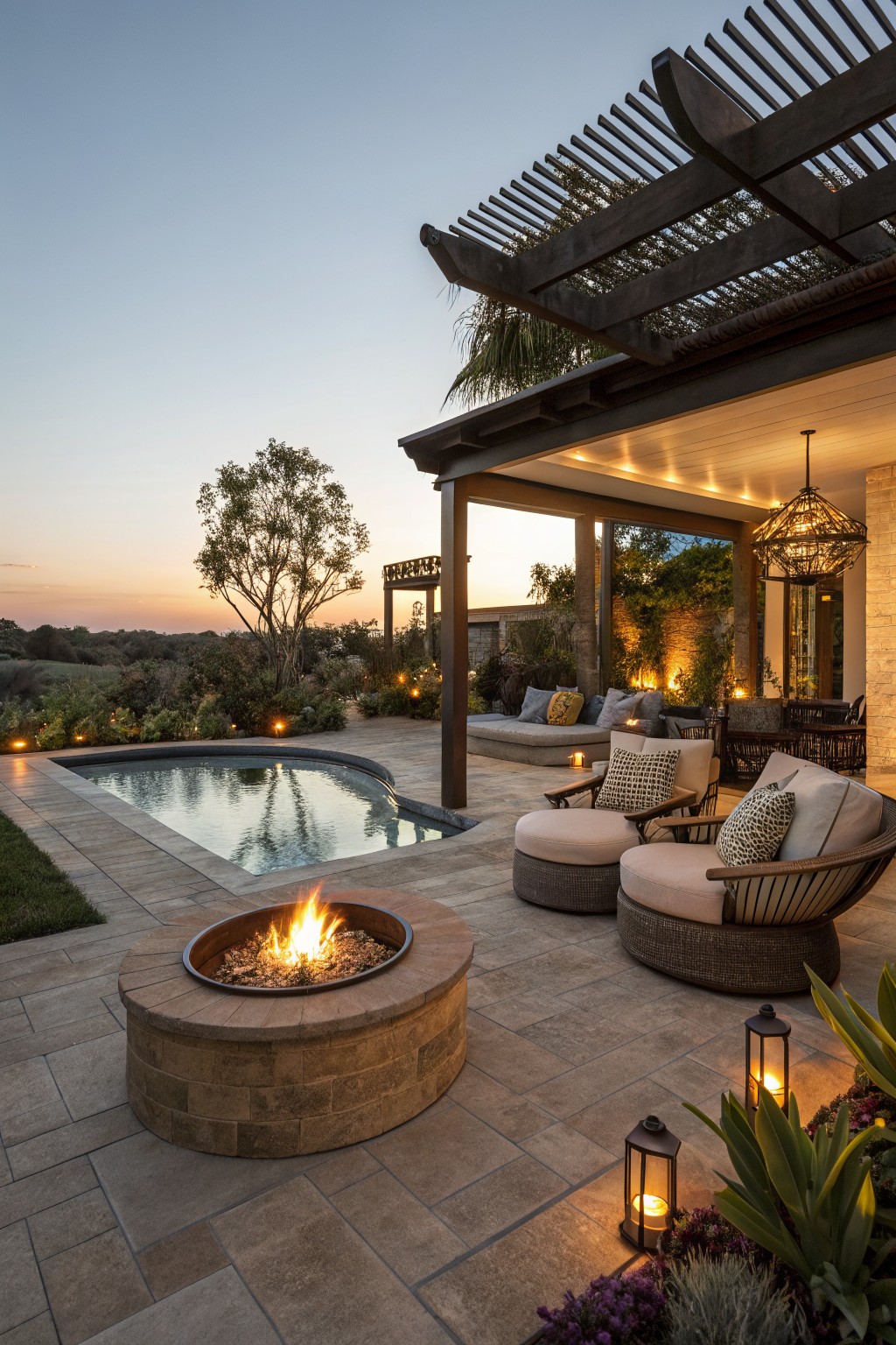 Outdoor patio featuring a round stone fire pit with flames, two cushioned lounge chairs, a curved-edge pool, pergola-covered seating area with pillows and lanterns, surrounded by landscaping and trees at dusk.