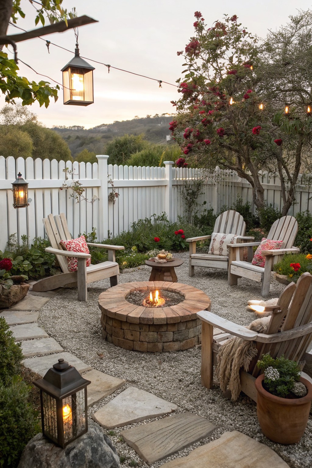 Backyard gravel patio featuring a circular brick fire pit surrounded by wooden Adirondack chairs with cushions and pillows, potted plants, lanterns, string lights, roses, and a white picket fence.