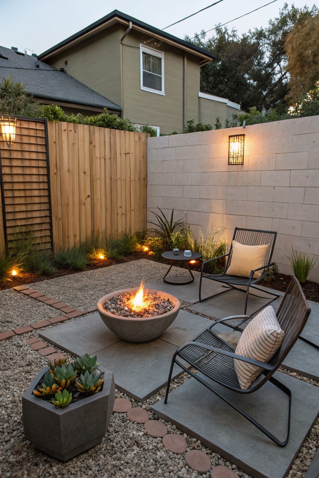 Backyard patio with central lit concrete fire pit on gravel and paver floor, two black wireframe lounge chairs with beige and striped cushions, potted succulents, ornamental grasses, low-voltage lights, against beige stucco wall and wooden fence.