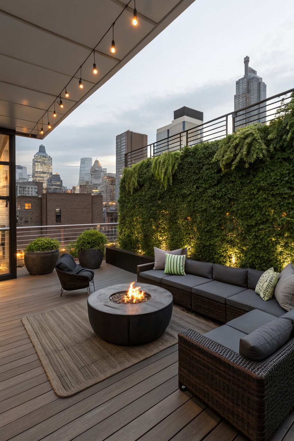 Rooftop terrace deck with central black concrete fire pit, gray L-shaped wicker sofa, potted plants, tall green ivy wall, overhead string lights, and city skyline view at dusk.