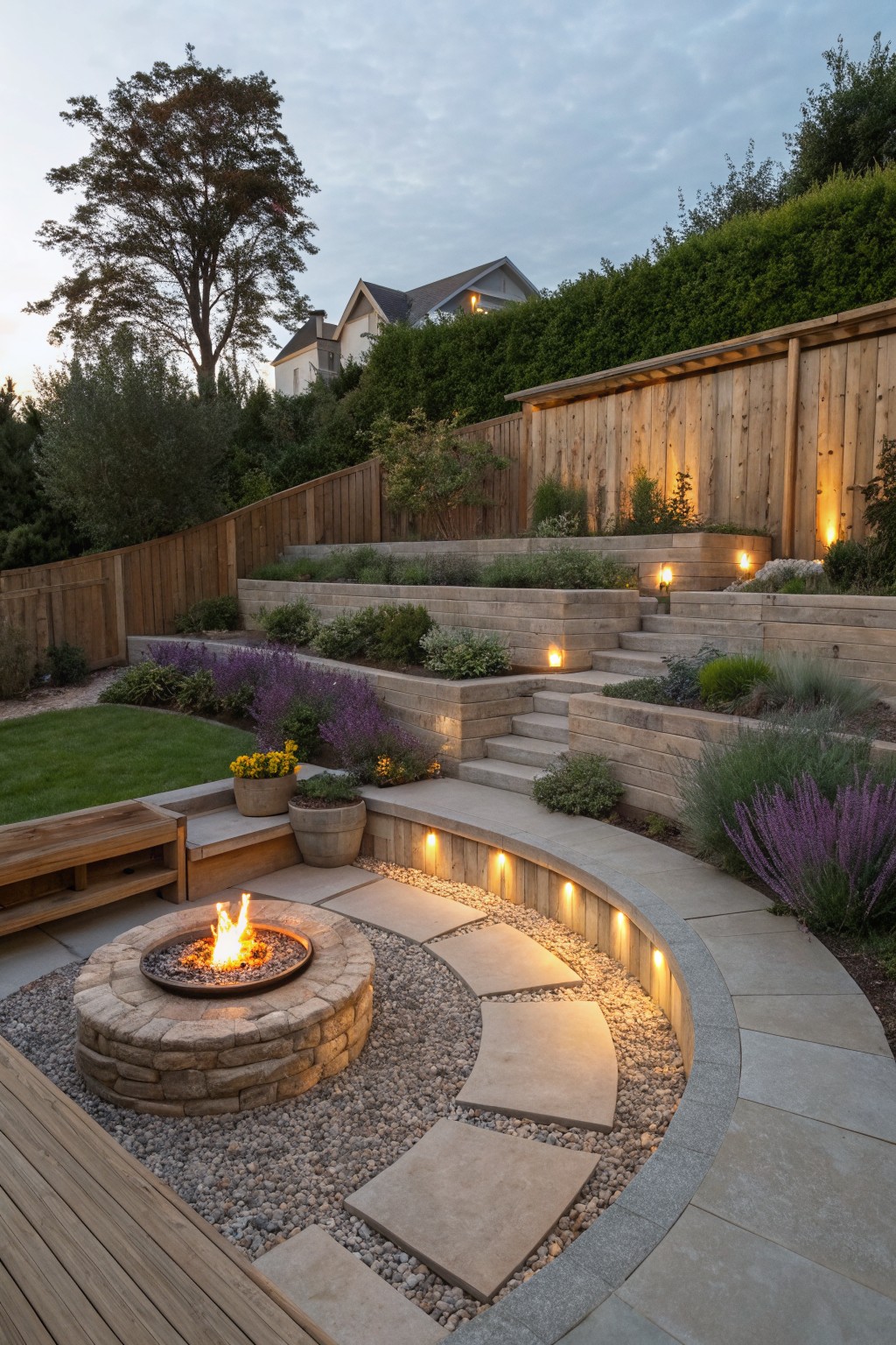 Evening view of a sloped backyard with wooden retaining walls, terraced planters filled with grasses and purple flowers, concrete steps leading to a circular stone fire pit surrounded by curved pavers and LED lights, wooden bench nearby, trees and fence in background.