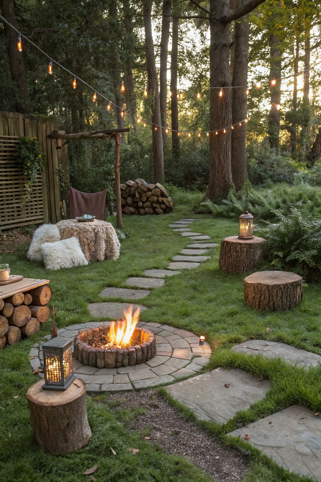 Backyard fire pit in a stone circle with flames burning, surrounded by tree stump seats on grass and pavers, stone pathway leading through lawn, string lights overhead in trees, wooden fence with plants, and log stacks nearby.