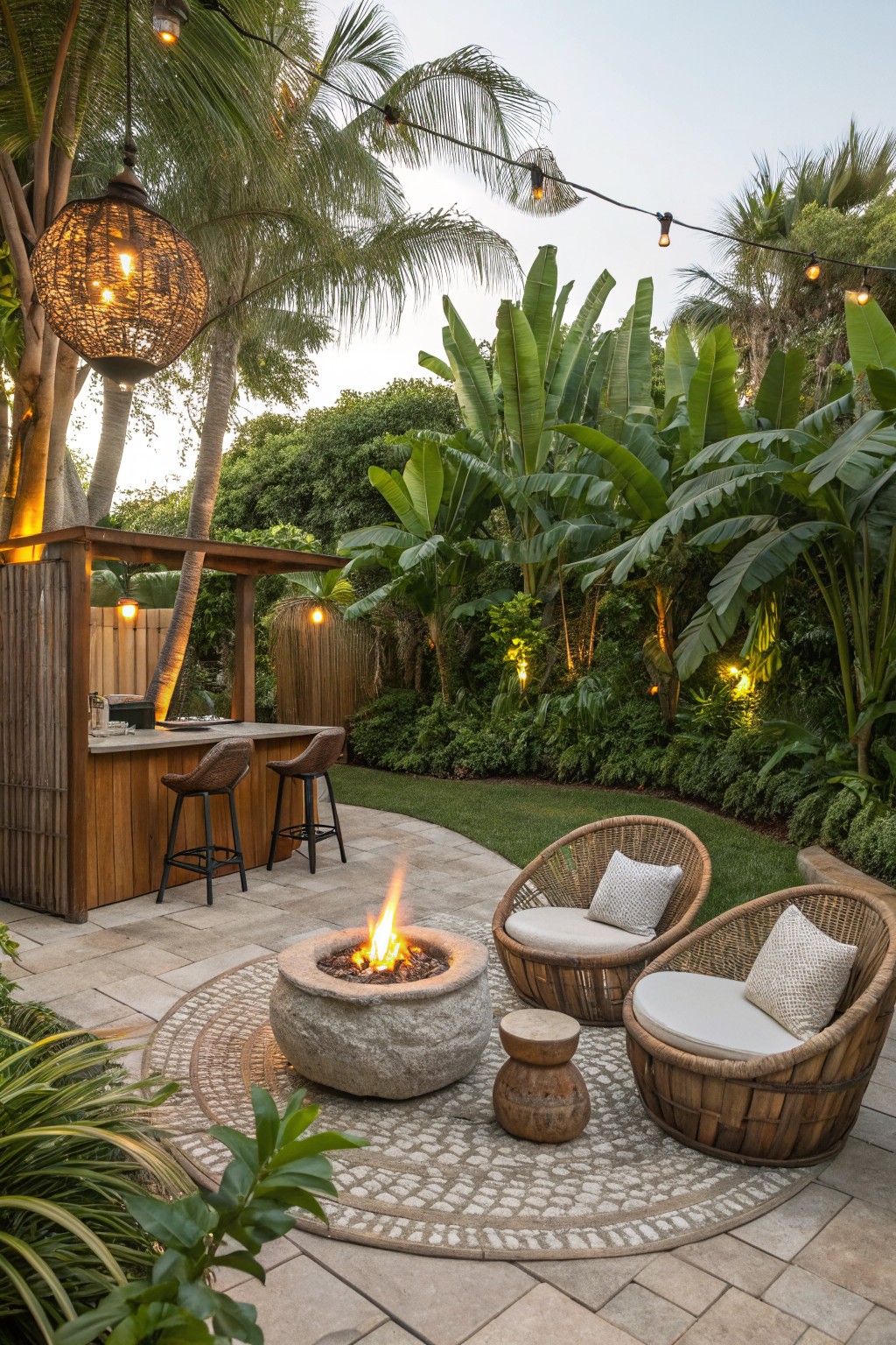 Tropical backyard patio with central stone fire pit surrounded by rattan chairs on a round tiled rug, wooden bar with stools nearby, lush plants, and hanging string lights.