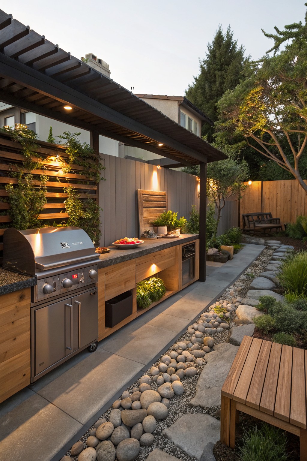 Outdoor patio with built-in wooden cabinetry, stainless steel grill, and stone countertop under a black pergola, adjacent to a stone pathway lined with pebbles and plants.