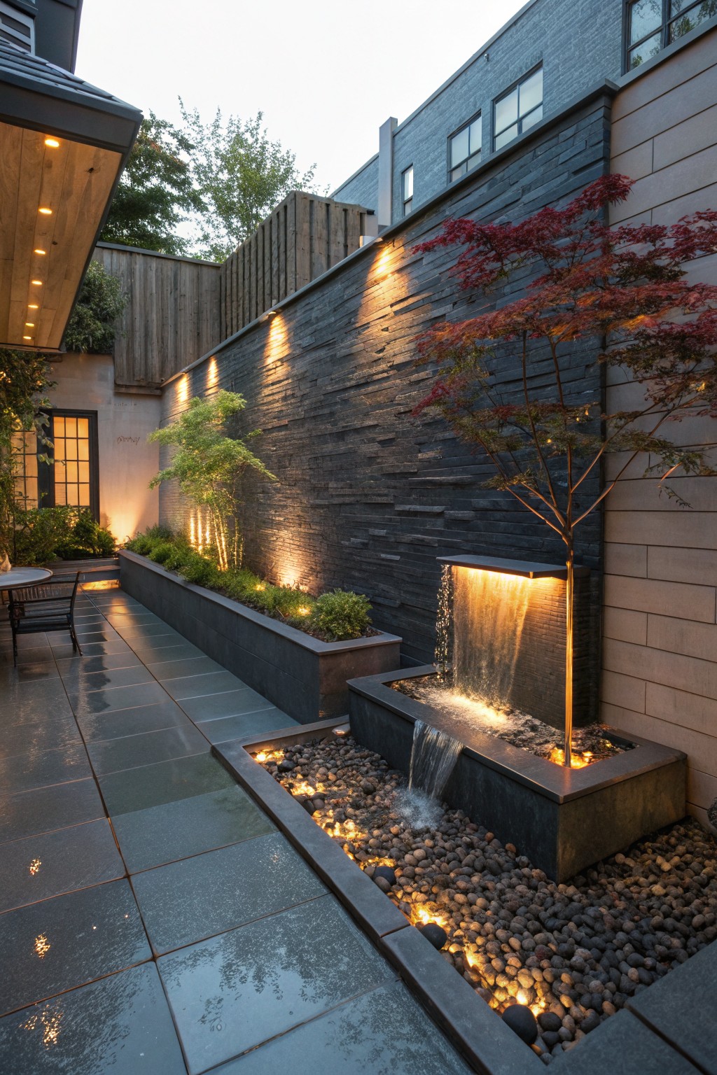 Narrow evening-lit courtyard with black slate walls, slim trees and plants in raised beds, paved walkway, bistro table and chairs, and a small LED-illuminated waterfall fountain flowing into a pebble basin.