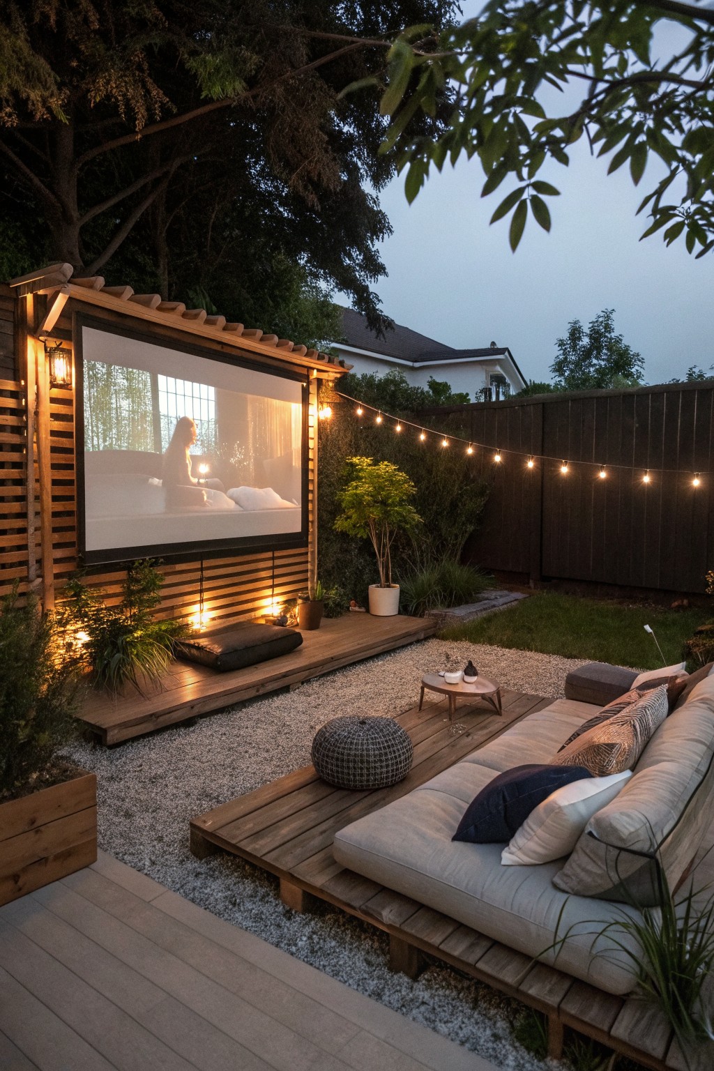 Evening backyard with a large projector screen on a wooden pergola structure, string lights overhead, potted plants and greenery, gravel ground, wooden deck platform holding a cushioned daybed, pouf, and low table.