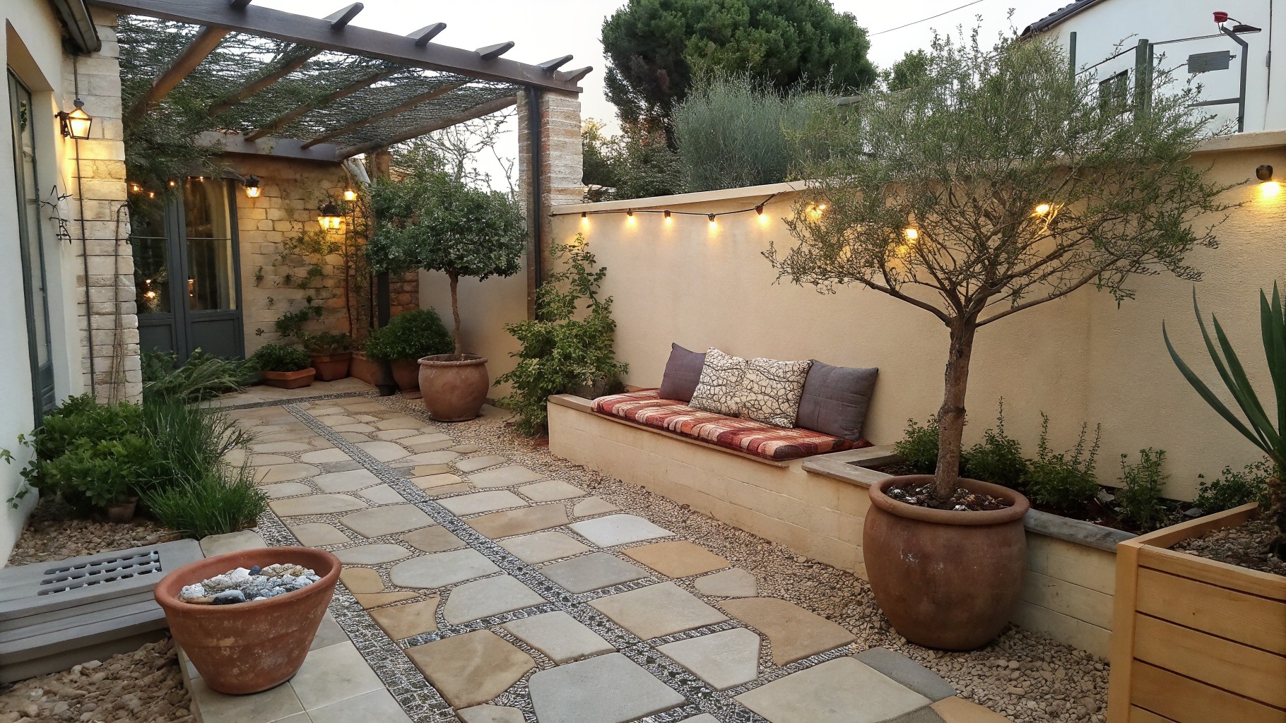 Narrow outdoor stone pathway with pebble accents flanked by raised planters filled with olive trees, shrubs, boxwoods, and terracotta pots, a cushioned bench against the wall, and wall-mounted lights along beige stucco exterior.