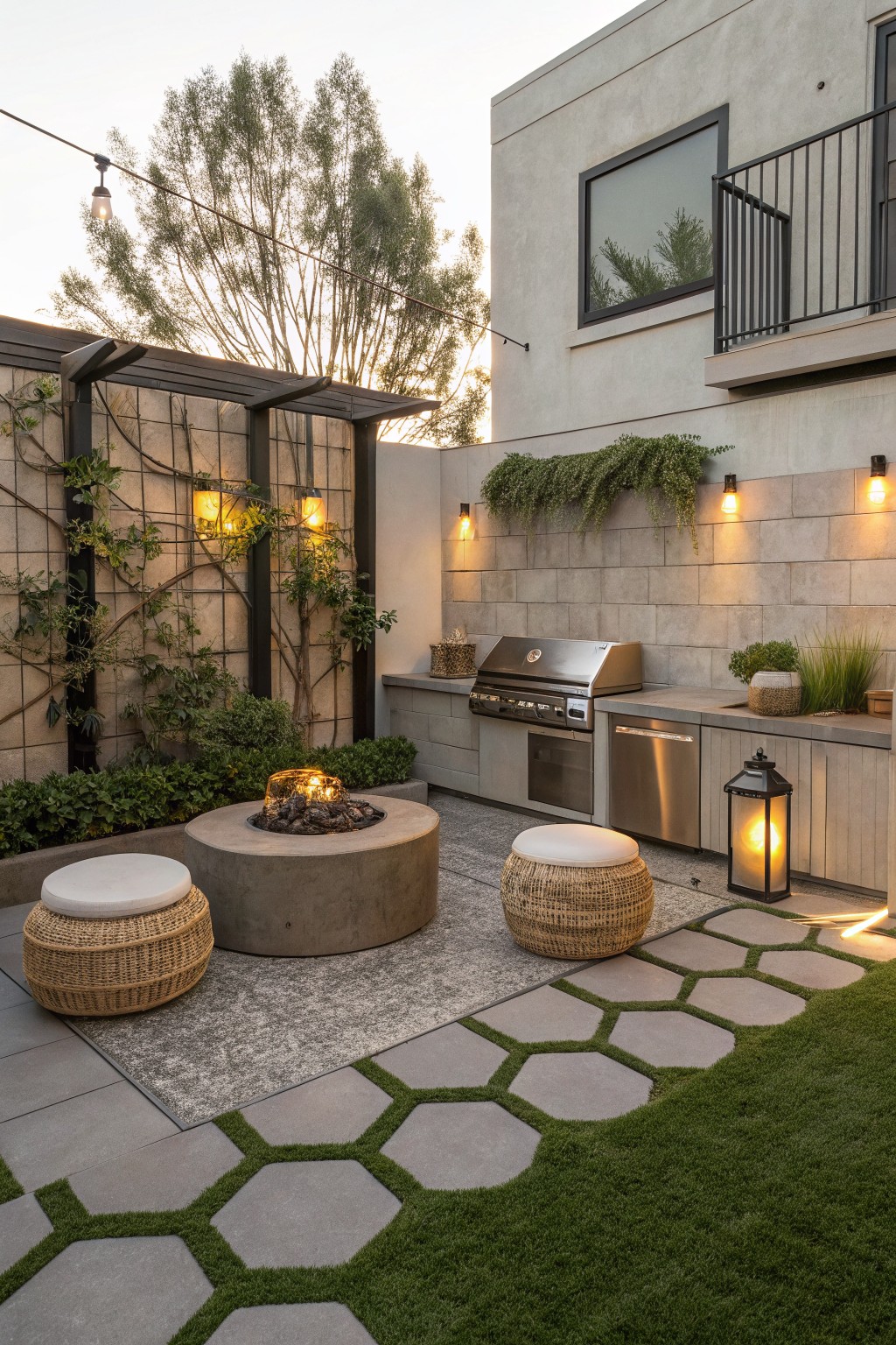 Backyard patio area with built-in stainless steel barbecue kitchen, round concrete fire pit surrounded by white cushioned stool and woven pouf, gray hexagonal pavers set into green turf leading to grass lawn, string lights, climbing vines on black trellis, and beige stucco wall.