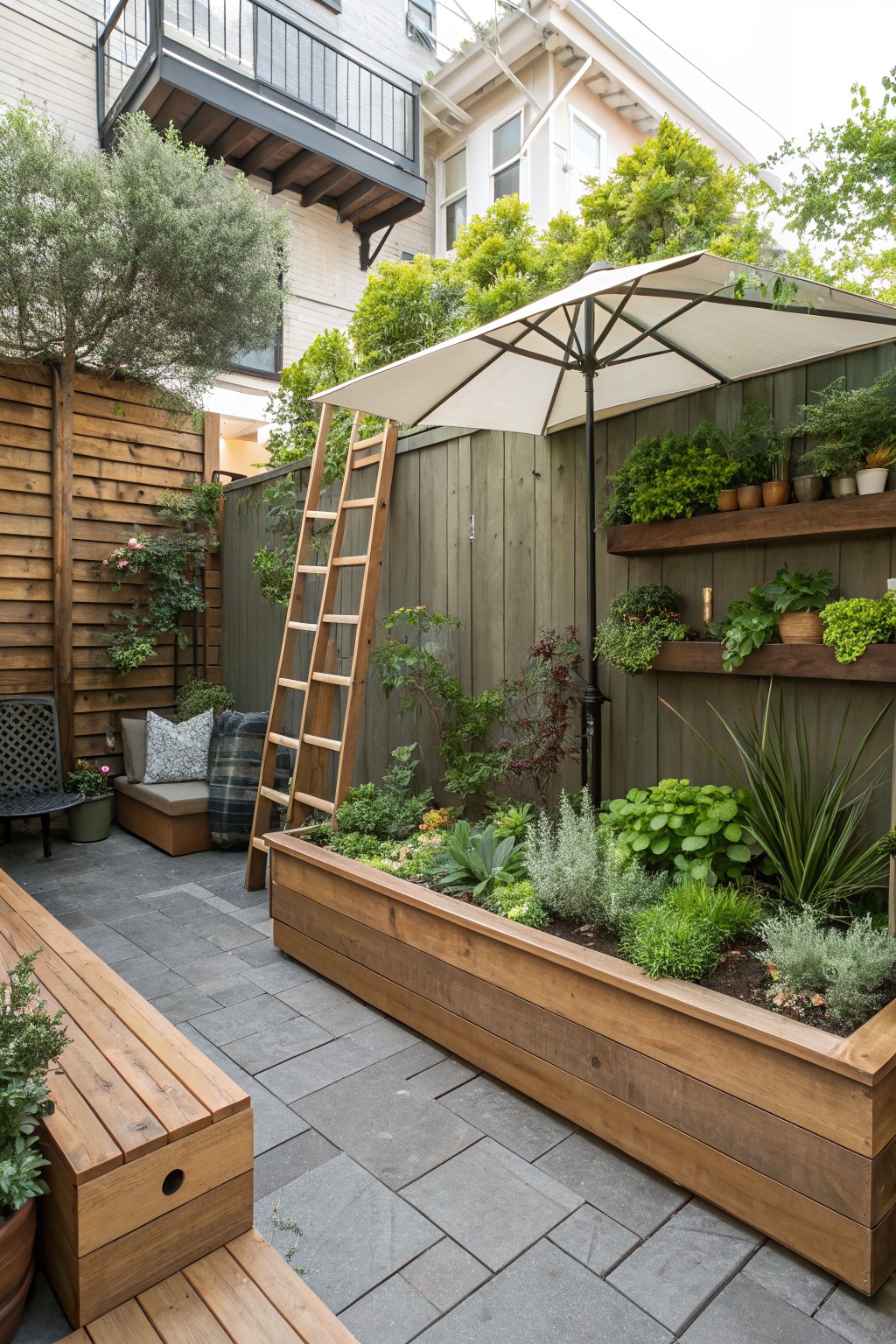 Small backyard patio with gray pavers, wooden benches, raised planter box of succulents and herbs, ladder leaning on green fence holding potted plants on rungs, wall-mounted wooden shelves with potted greenery, outdoor umbrella, and background houses.