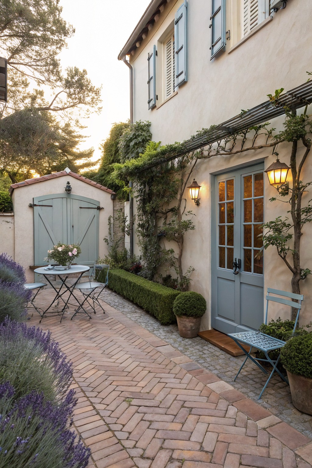 Narrow herringbone brick path bordered by lavender plants leading to a small metal bistro table with two chairs and potted greenery beside a beige stucco house wall with blue French doors, climbing vines, and lanterns.