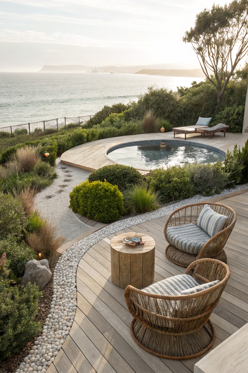 Curved wooden deck surrounding a round turquoise plunge pool, with rattan chairs on the deck, lounge chairs nearby, plants, pebbles, rocks, and ocean cliffs in the background.