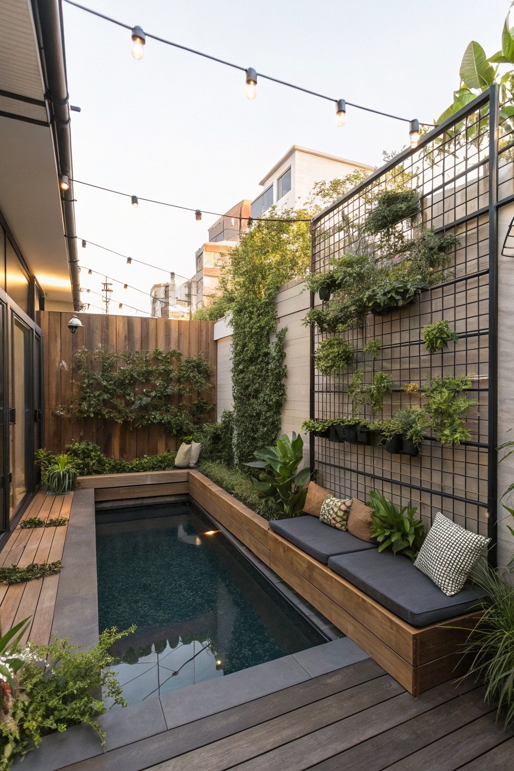 Narrow rectangular plunge pool surrounded by built-in wooden benches with cushions, vertical plants on black metal grid wall, string lights overhead, and wooden decking in a courtyard.