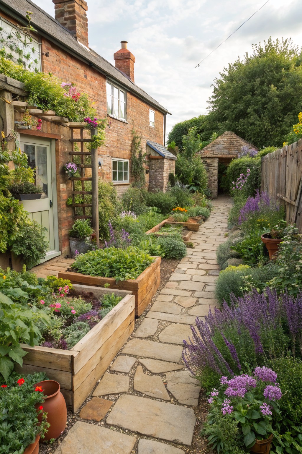 Rustic brick cottage house with green door and climbing plants beside a flagstone path winding through wooden raised garden beds planted with herbs, vegetables, flowers, and bordered by lavender and shrubs.