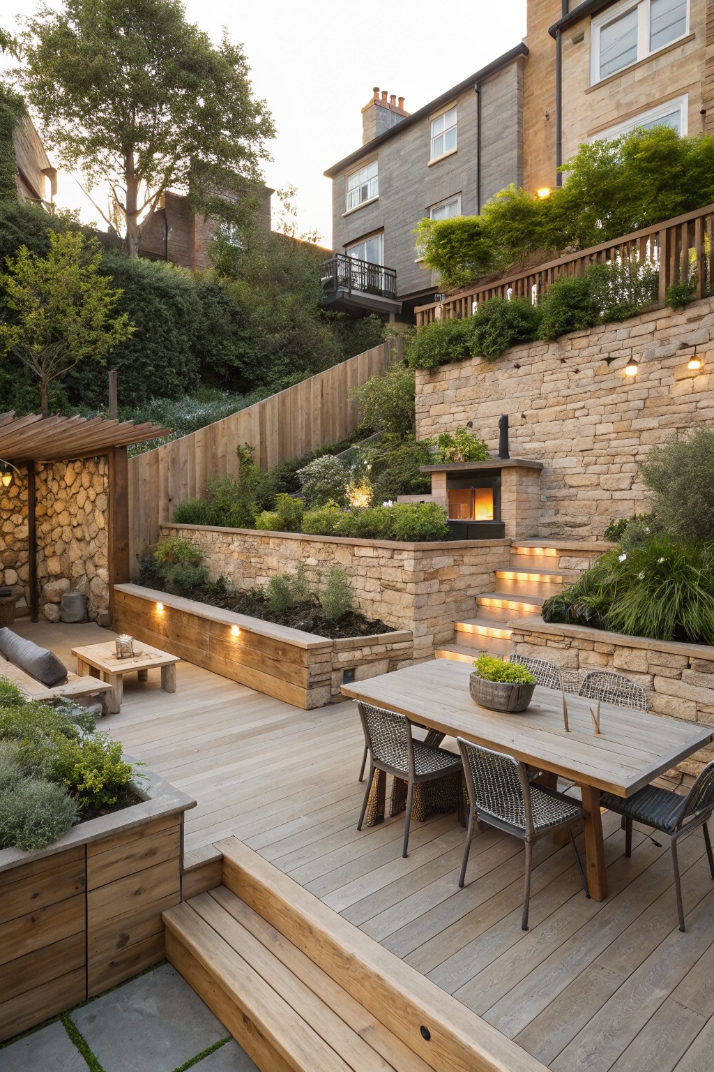 A sloped backyard with wooden deck featuring outdoor dining table and chairs, stone retaining walls, integrated fire pit, planted beds, and illuminated steps leading upward.