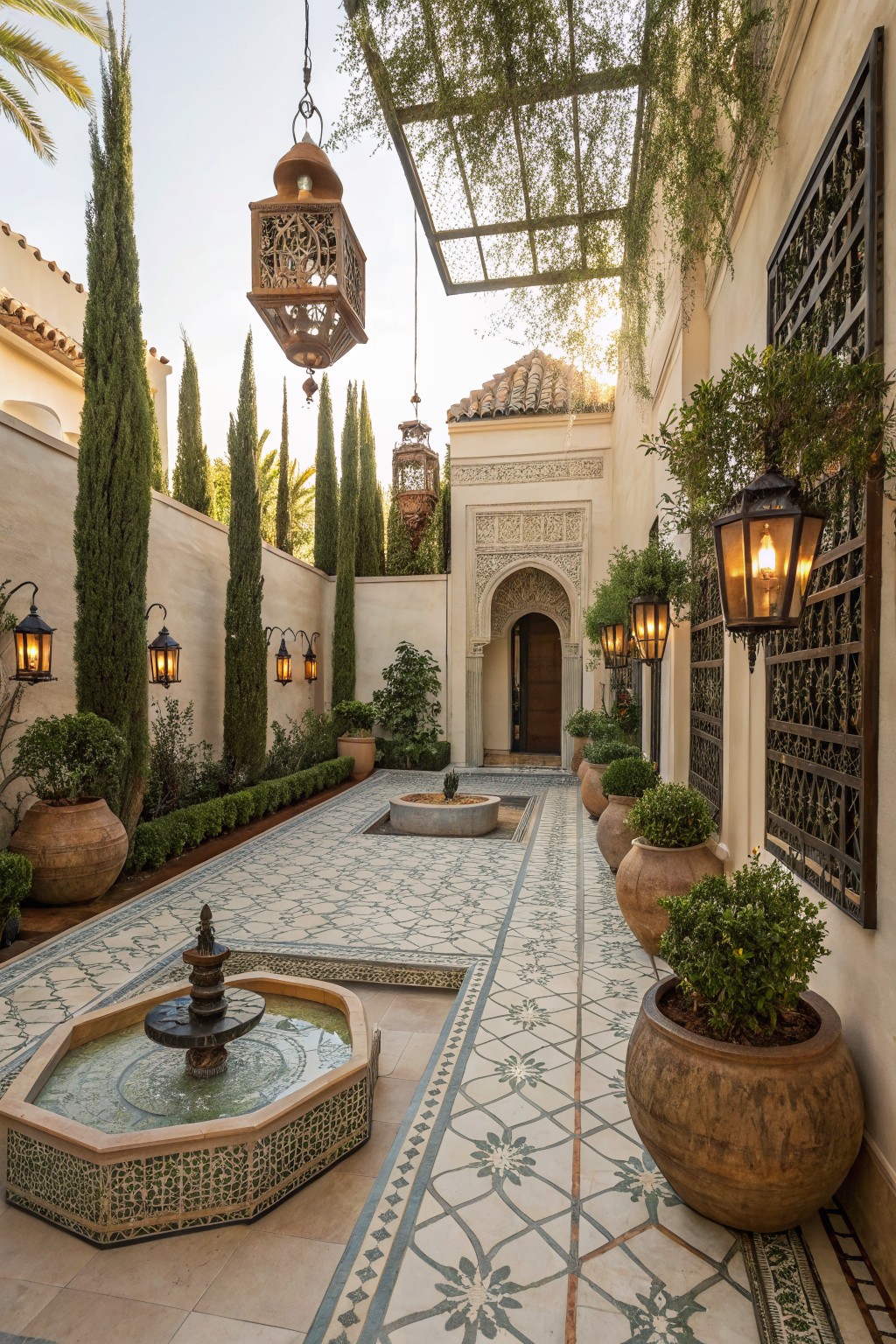 Narrow outdoor courtyard with beige stucco walls, tall cypress trees, geometric blue and white tiled walkways, central octagonal fountain, large terracotta pots with plants, hanging and wall lanterns, and an arched doorway at the end.