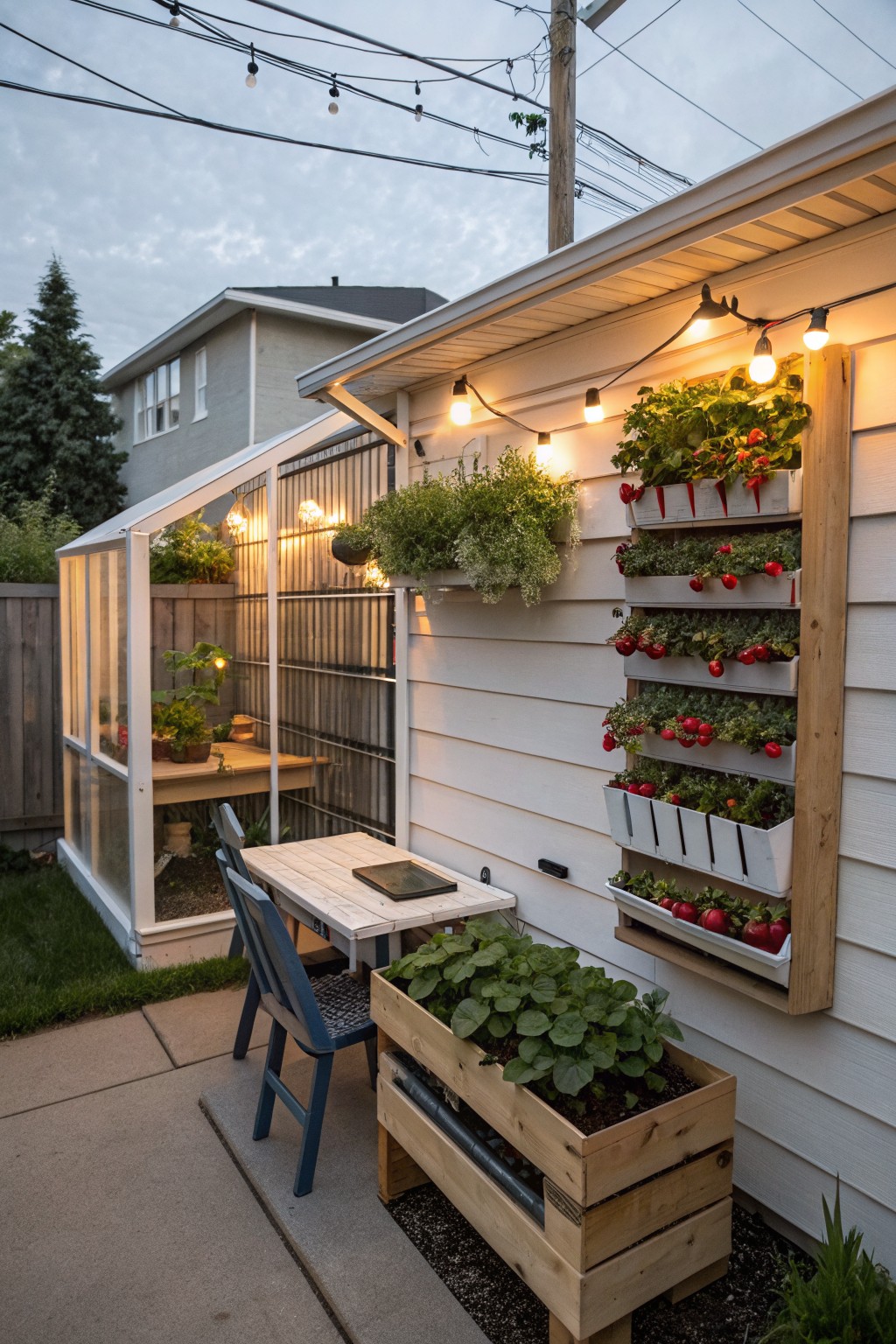 White house exterior with attached greenhouse, vertical stack of white planters on the wall growing strawberries and peppers, overhead string lights, wooden raised bed with plants, small patio table and blue chairs on concrete pavers.