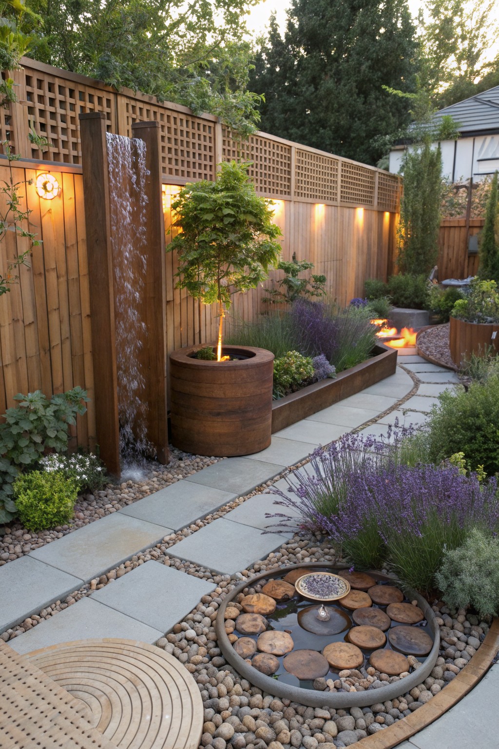 Small backyard with wooden fence, vertical waterfall feature, raised beds with plants, stone gravel path, fire pit area, and circular wood-slice pond edged in gravel.