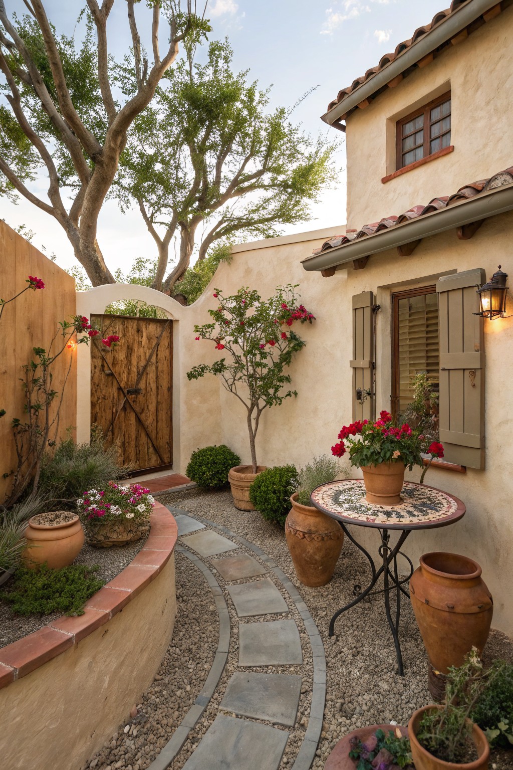 Curved gravel and stone pathway in a small walled courtyard with terracotta pots of flowers and plants, a wooden arched gate, adobe walls, and a small metal table with potted roses.