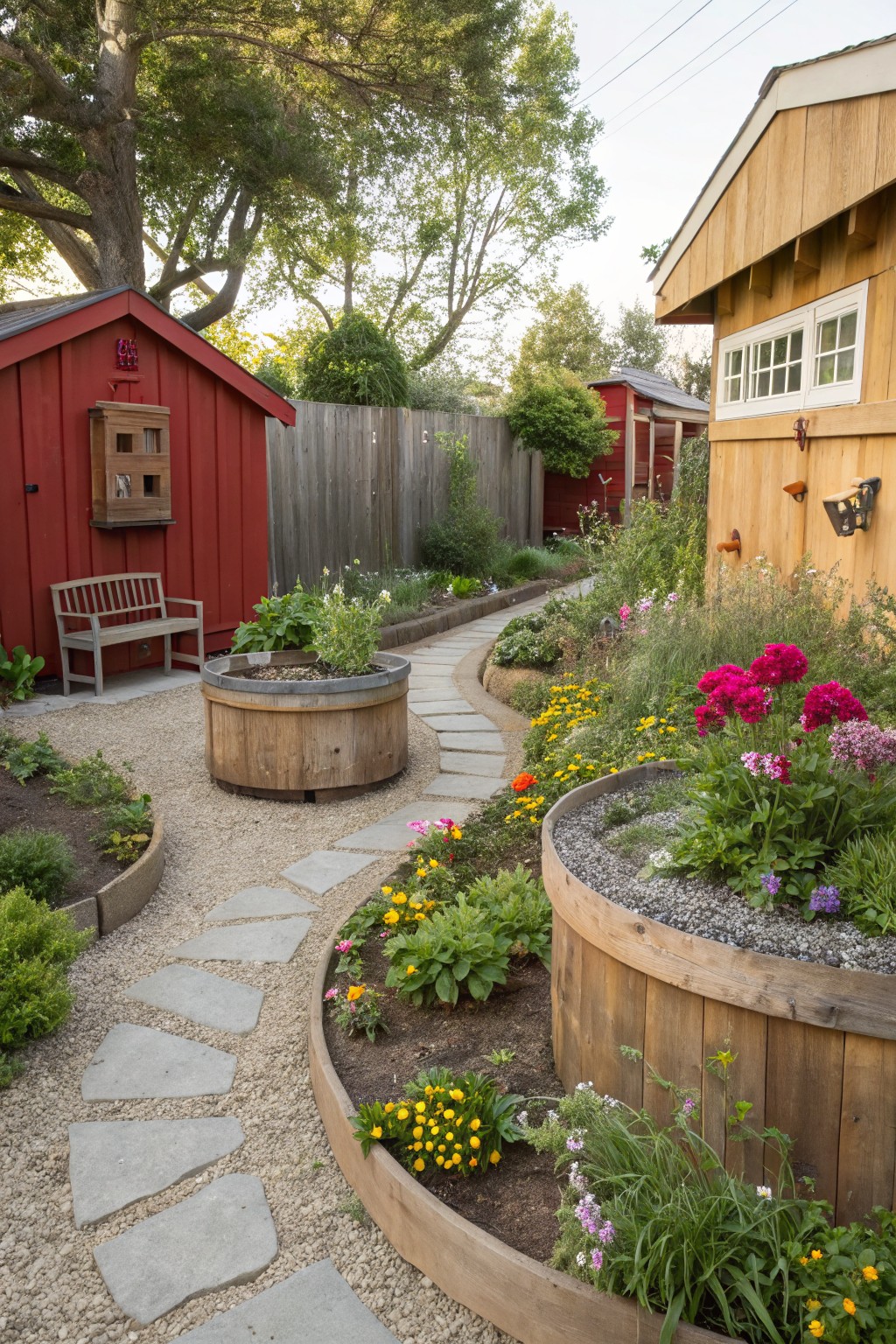 Backyard garden with a curved gray stone path winding through large wooden barrel planters filled with colorful flowers, herbs, and plants, near red and yellow sheds and trees.