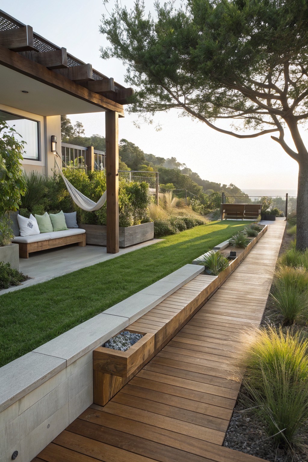 Backyard with covered patio featuring wooden bench and hammock, green lawn, and linear wooden pathway integrated with built-in benches, planters containing grasses and agaves, and a distant swing bench on a hillside.