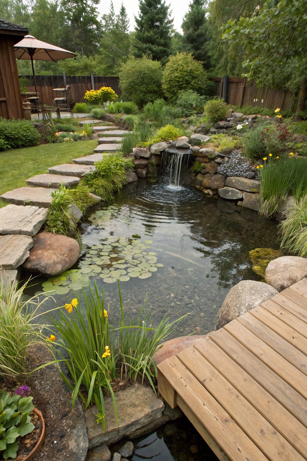Backyard pond with waterfall flowing over rocks into water with lily pads, surrounded by stones, plants, a stone stepping path, and wooden bridge.