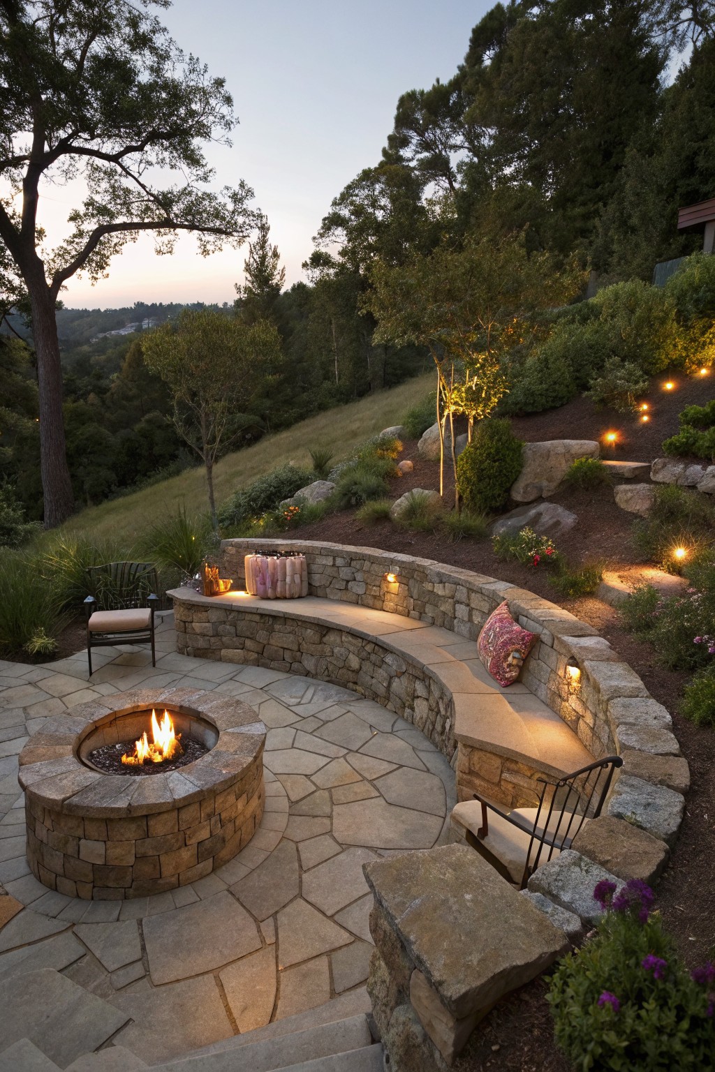 Curved stone fire pit in an outdoor patio surrounded by built-in bench seating on a curved stone wall, with chairs, pillows, landscape lighting, plants, rocks, and trees on a hillside at dusk.