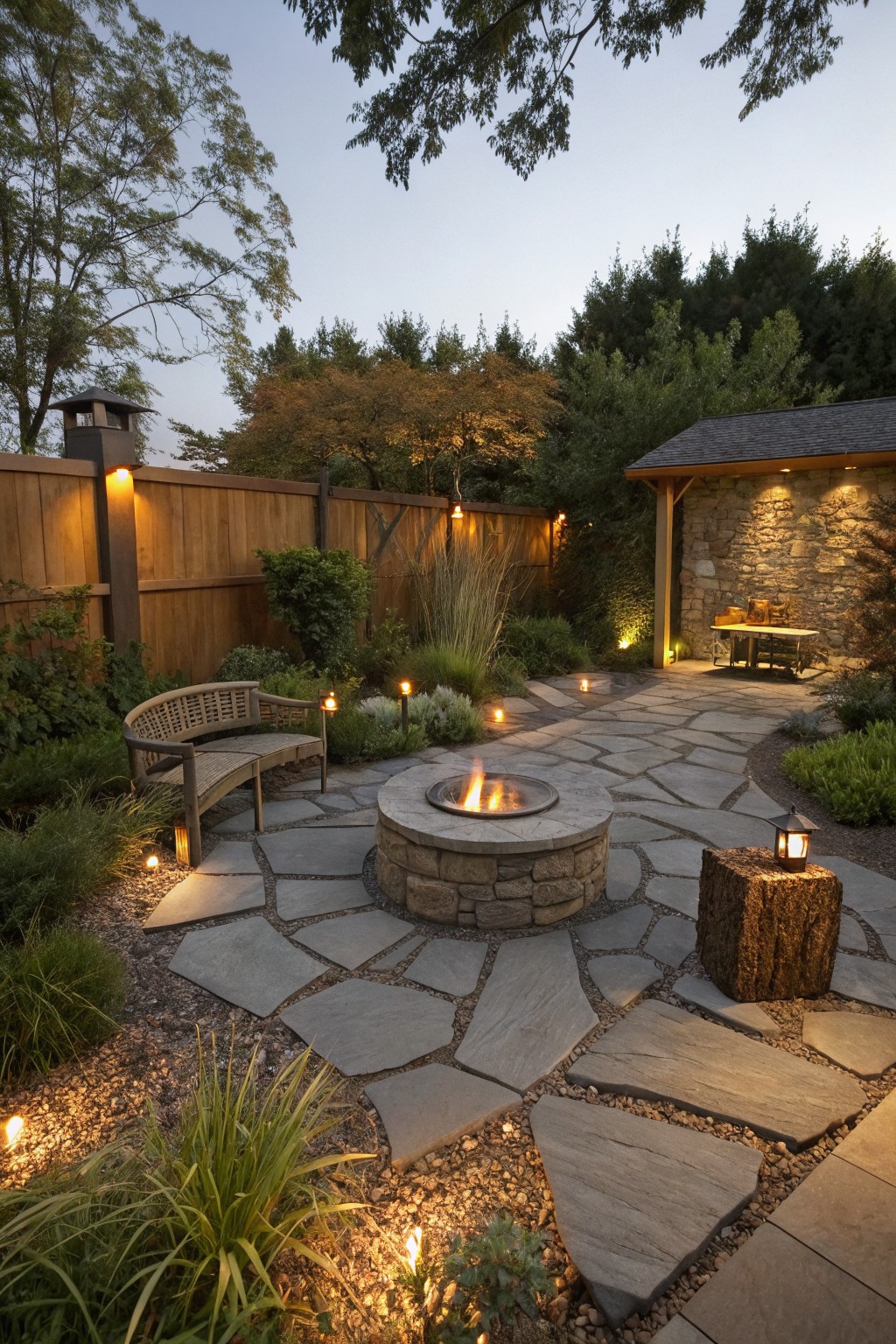 Dusk backyard scene with lit circular stone fire pit on irregular flagstone patio, curved wooden bench, meandering path with lanterns, grasses, plants, wooden fence, and stone shed structure.