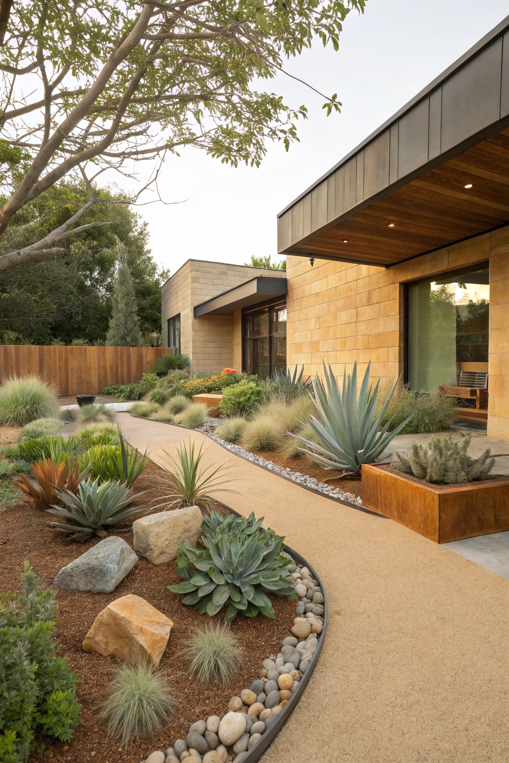 Modern sandstone house with overhanging wooden entry and curved decomposed granite pathway edged in succulents, agave, grasses, rocks, and boulders.