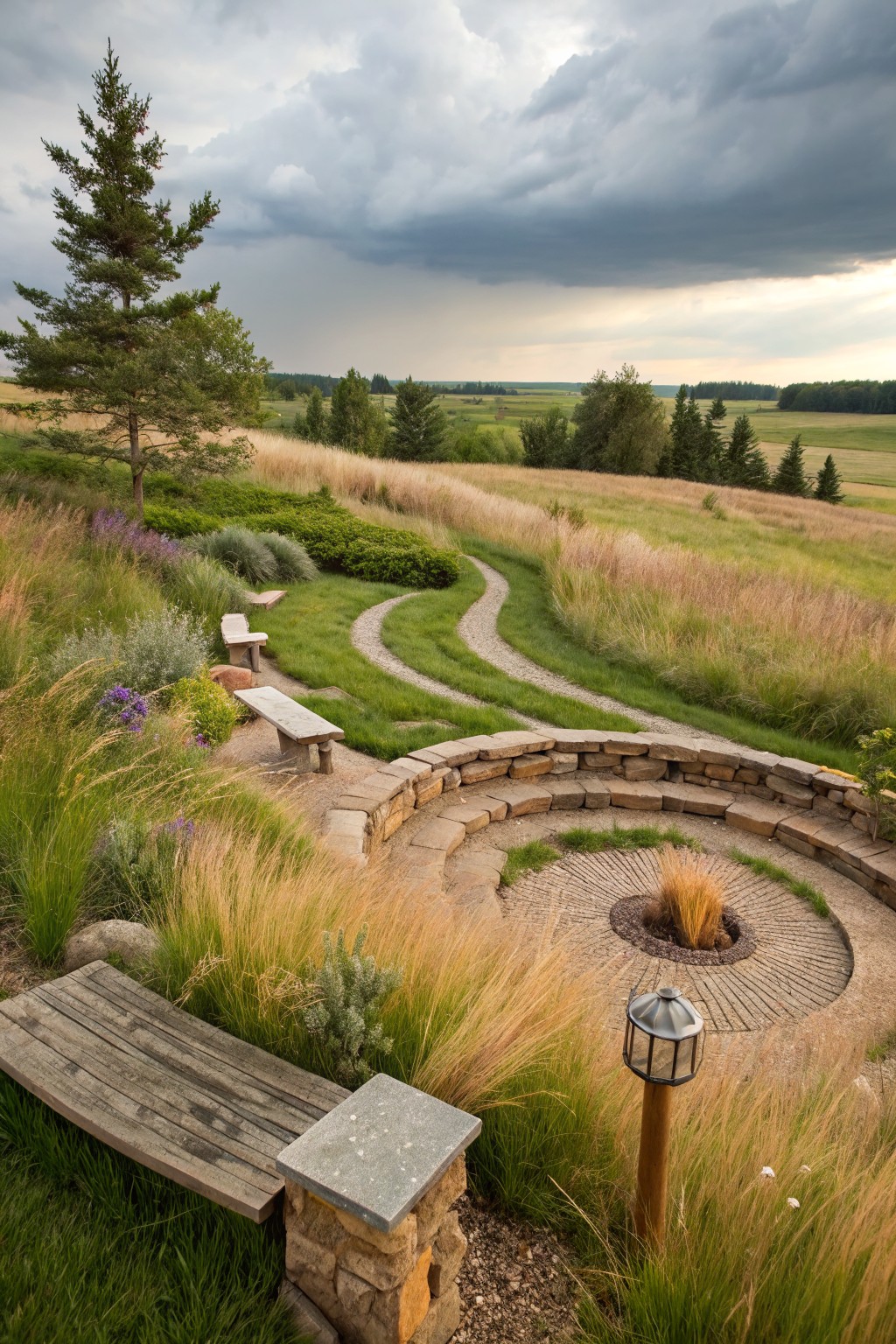 Landscape view of winding gravel paths through tall grasses leading to a circular stone wall with built-in benches around a central gas fire pit, stone benches nearby, native plants, and distant fields under cloudy skies.