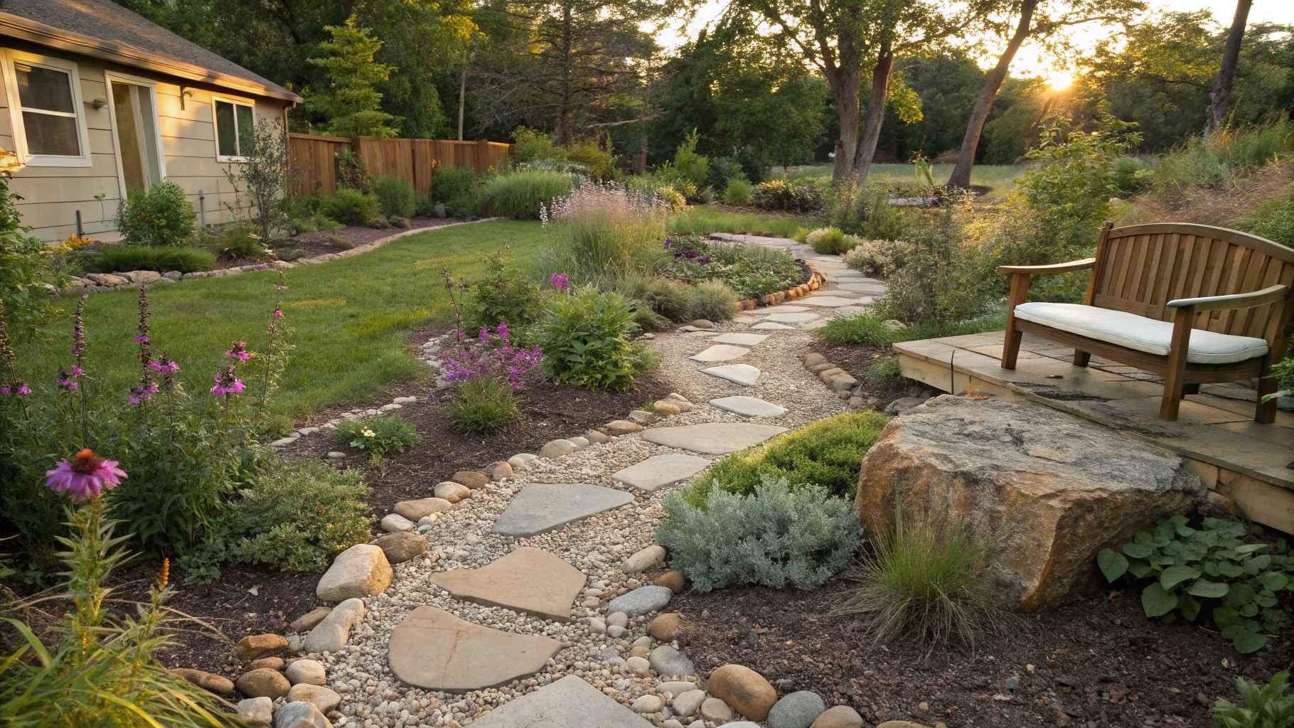 Winding flagstone path through a backyard garden with gravel borders, large boulders, various green plants and purple flowers, trees, and a wooden Adirondack chair on the grass nearby.