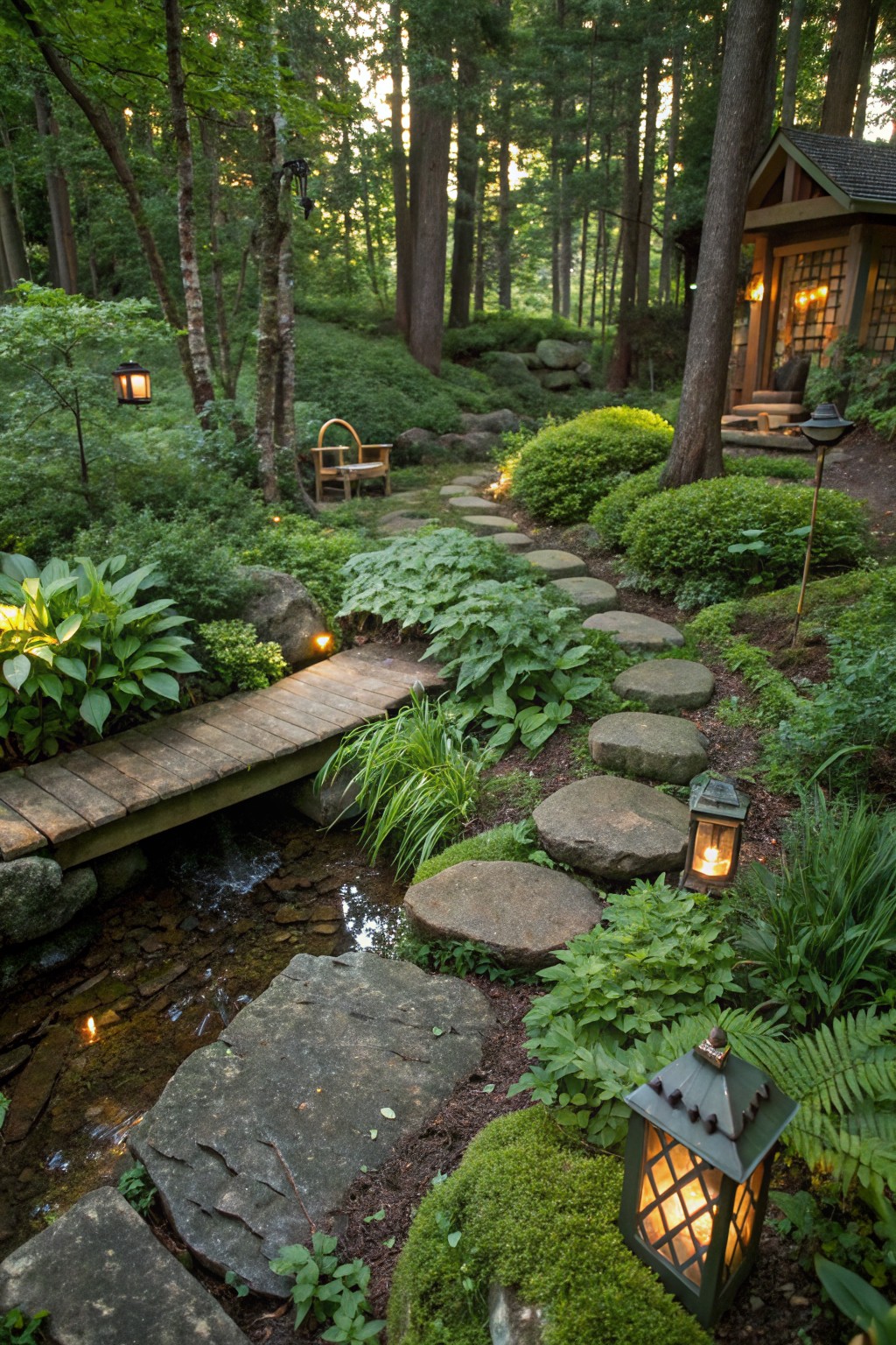 Winding path of irregular flat stones and a wooden bridge over a small stream in a densely planted green garden with lanterns, benches, and a small shingled cabin nearby.