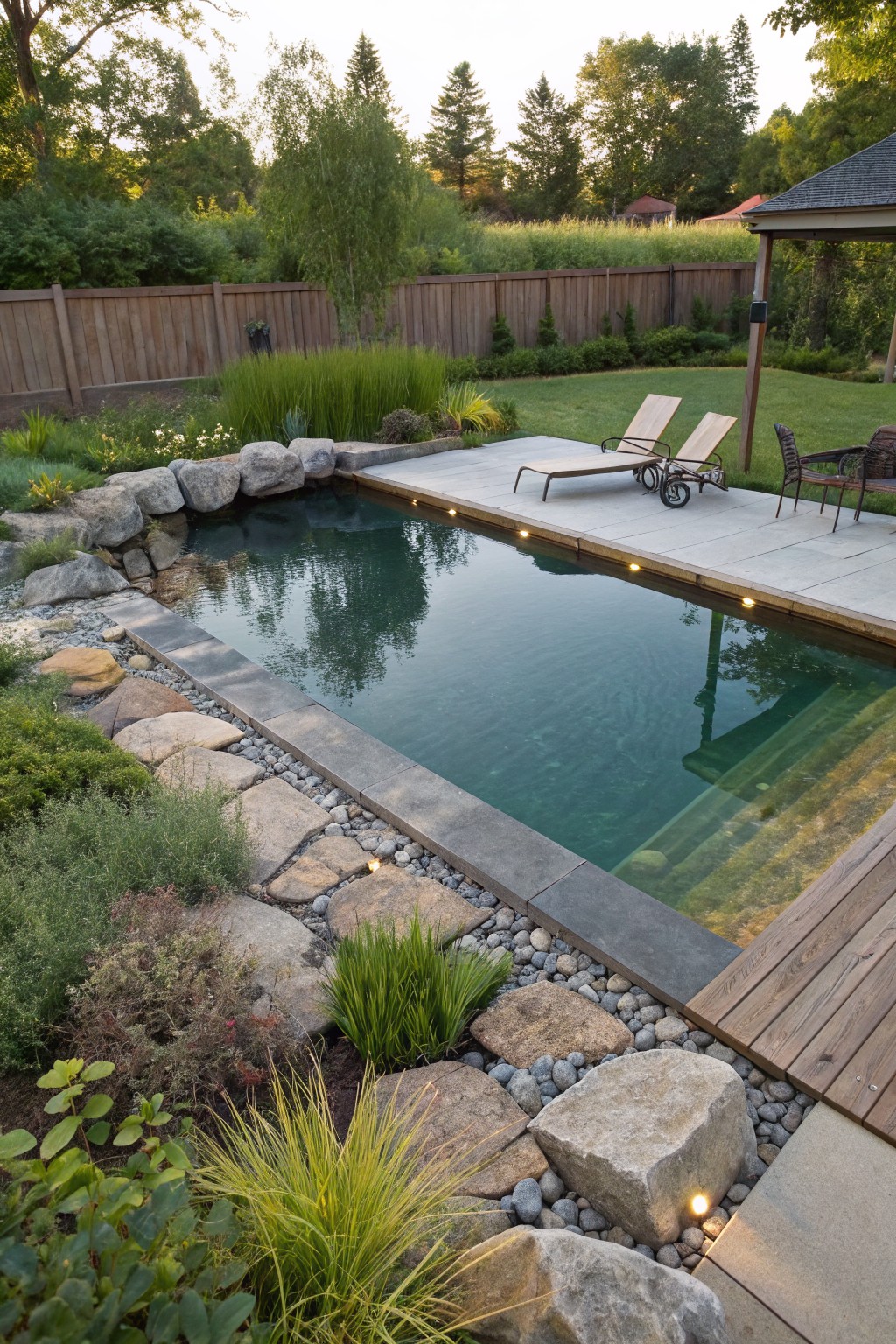 Overhead view of a rectangular plunge pool with black ledge, edged by large boulders, pebbles, grasses, and shrubs, adjacent to a light gray deck with two lounge chairs and a wooden deck extension, backed by a wooden fence and trees.