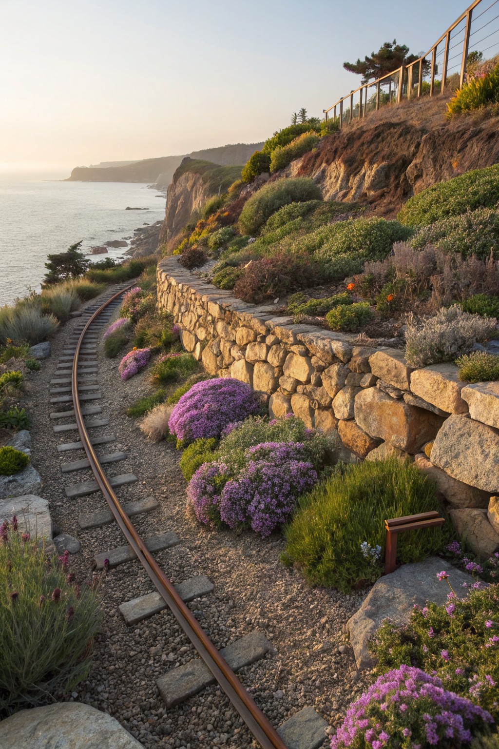 Narrow railway tracks wind along terraced stone walls planted with succulents, lavender, and ice plants on a coastal hillside overlooking the ocean at sunset.