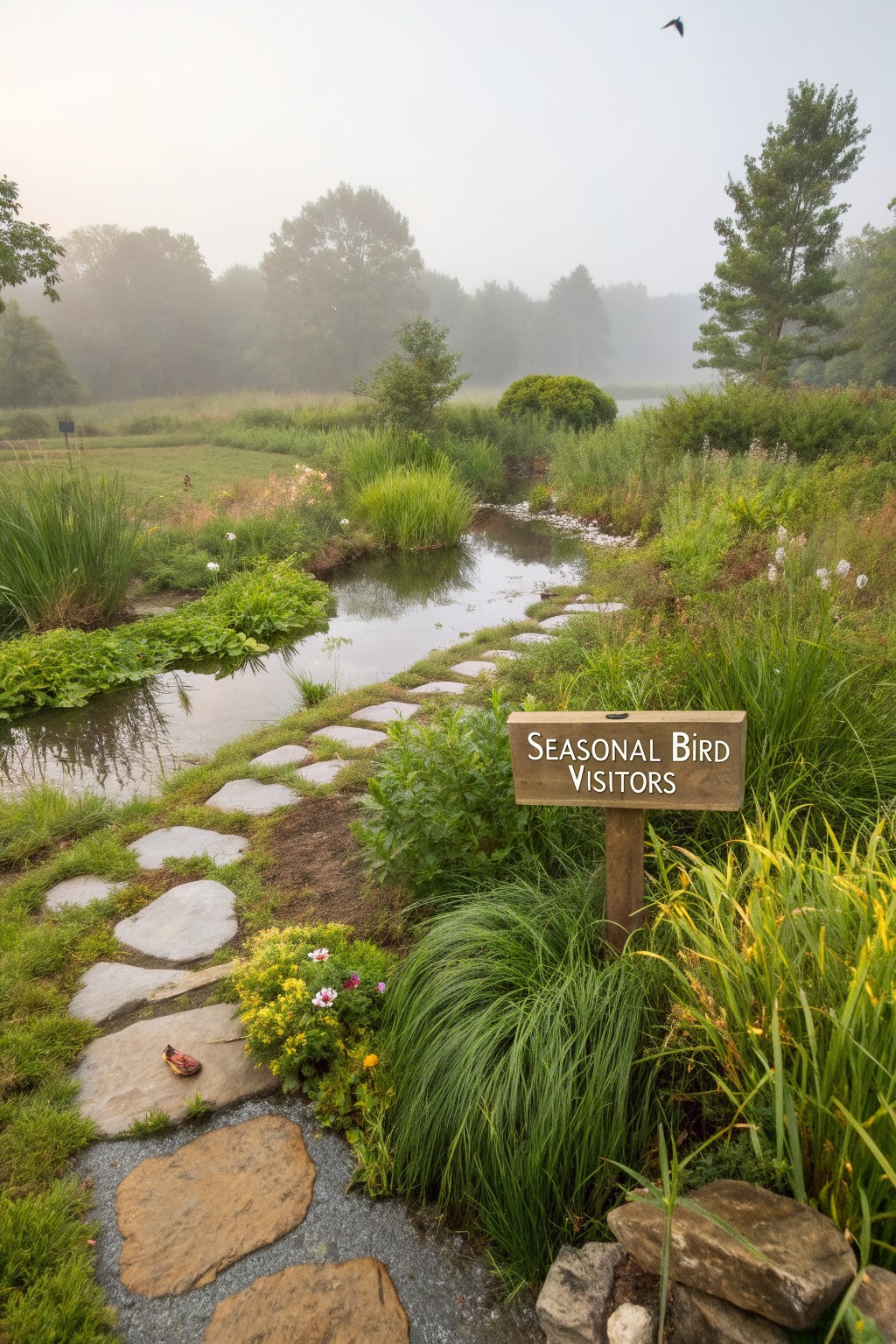 Irregular flat stepping stones cross a narrow stream in a lush garden with tall grasses, ferns, wildflowers, and a wooden sign reading 