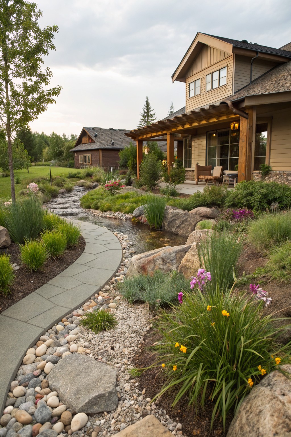 Gray slate stone pathway curving alongside a small stream with flowing water, surrounded by boulders, river rocks, grasses, and purple flowers, leading to a porch on a wooden house in a landscaped yard.