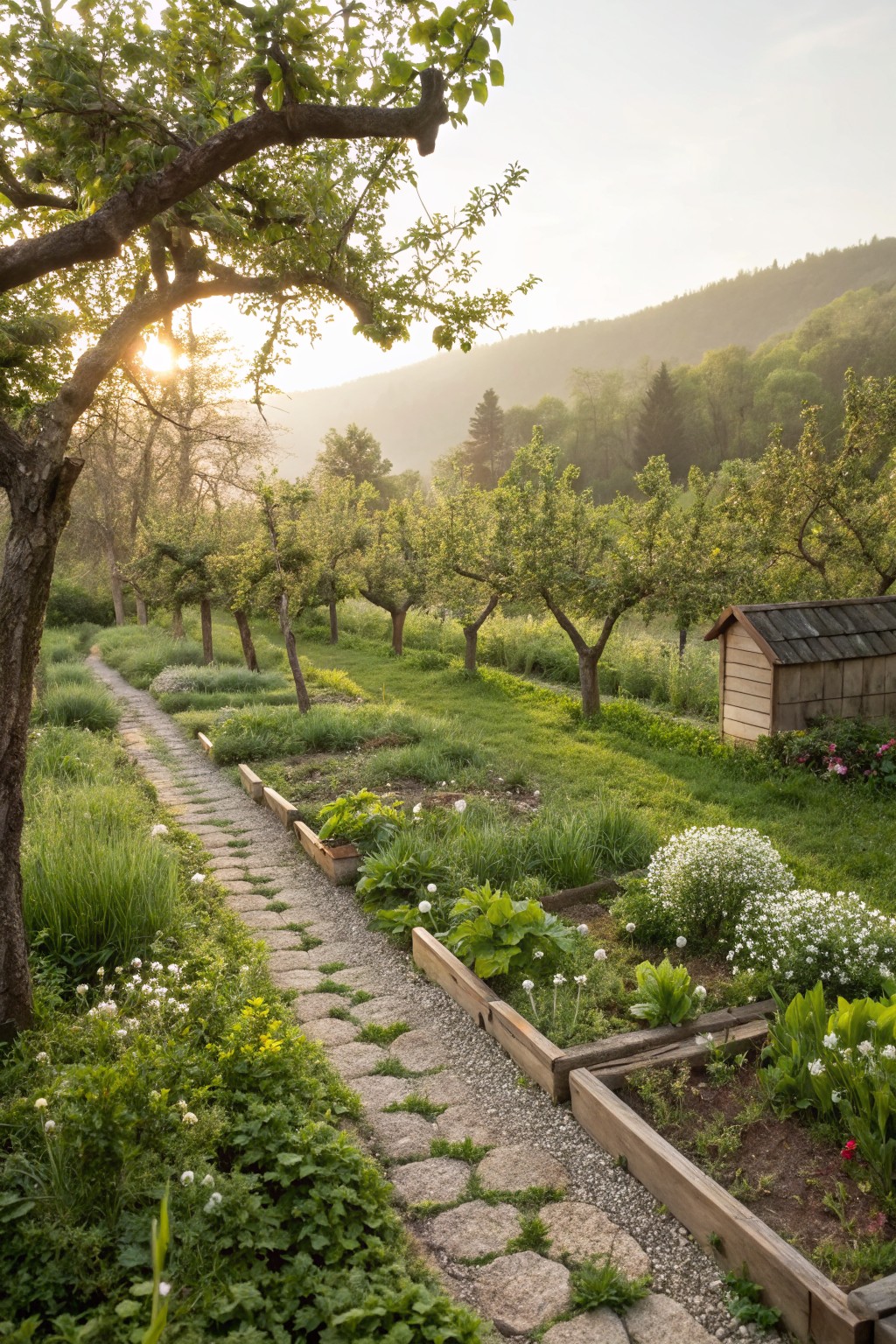 A winding path of flat stones runs between wooden raised garden beds planted with vegetables, herbs, and flowers, surrounded by apple trees, a small wooden shed, and forested hills in morning light.