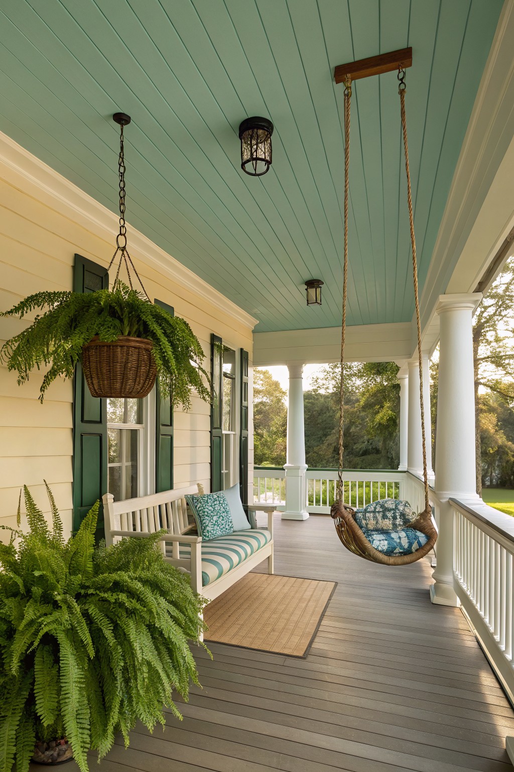 A porch ceiling painted in a soft seafoam green with white columns and a hanging swing.