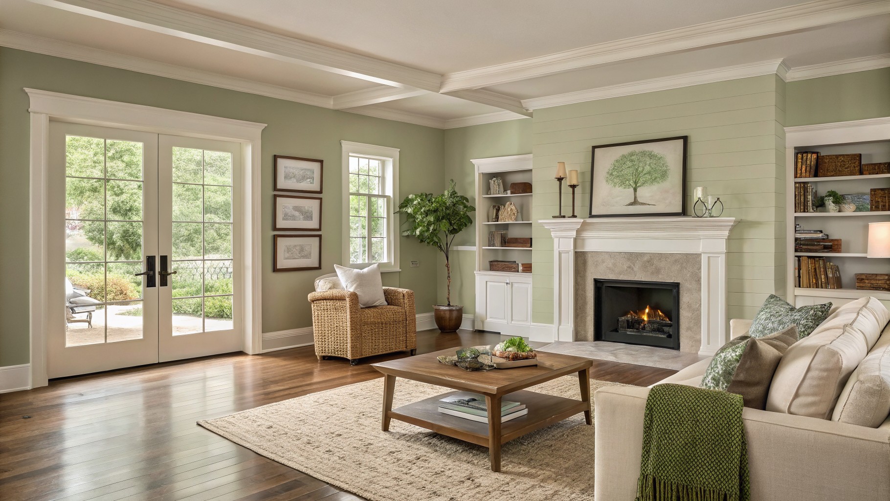 Living room walls painted in a soft sage green with white trim and wood accents.