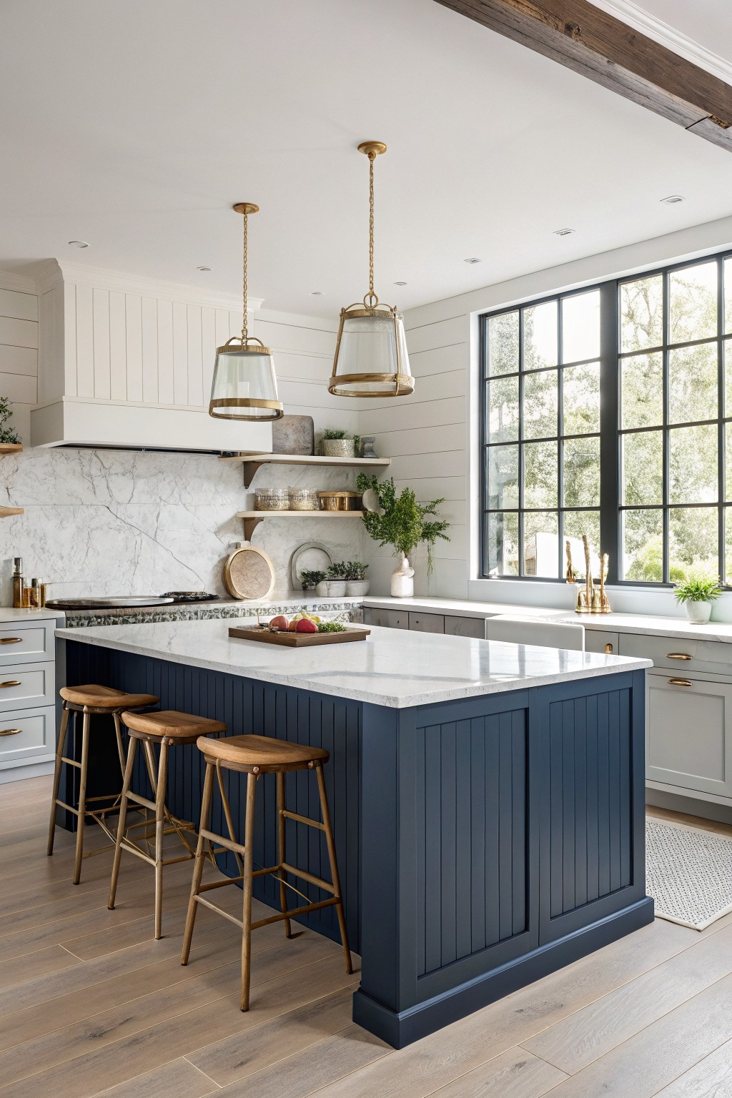 A kitchen island painted in deep navy blue with a white countertop and wooden stools.