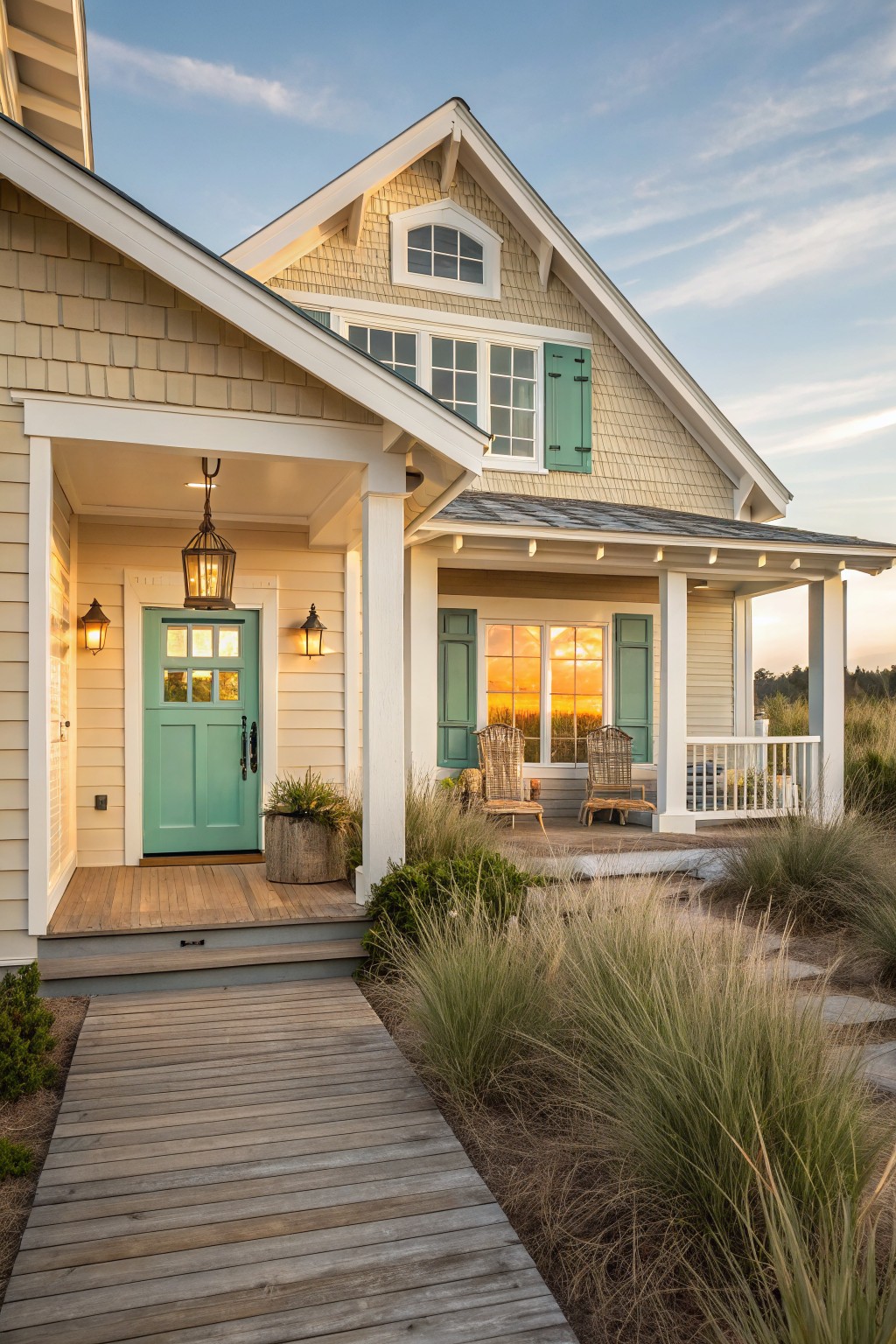 Light beige siding on a house with white trim and a covered porch.