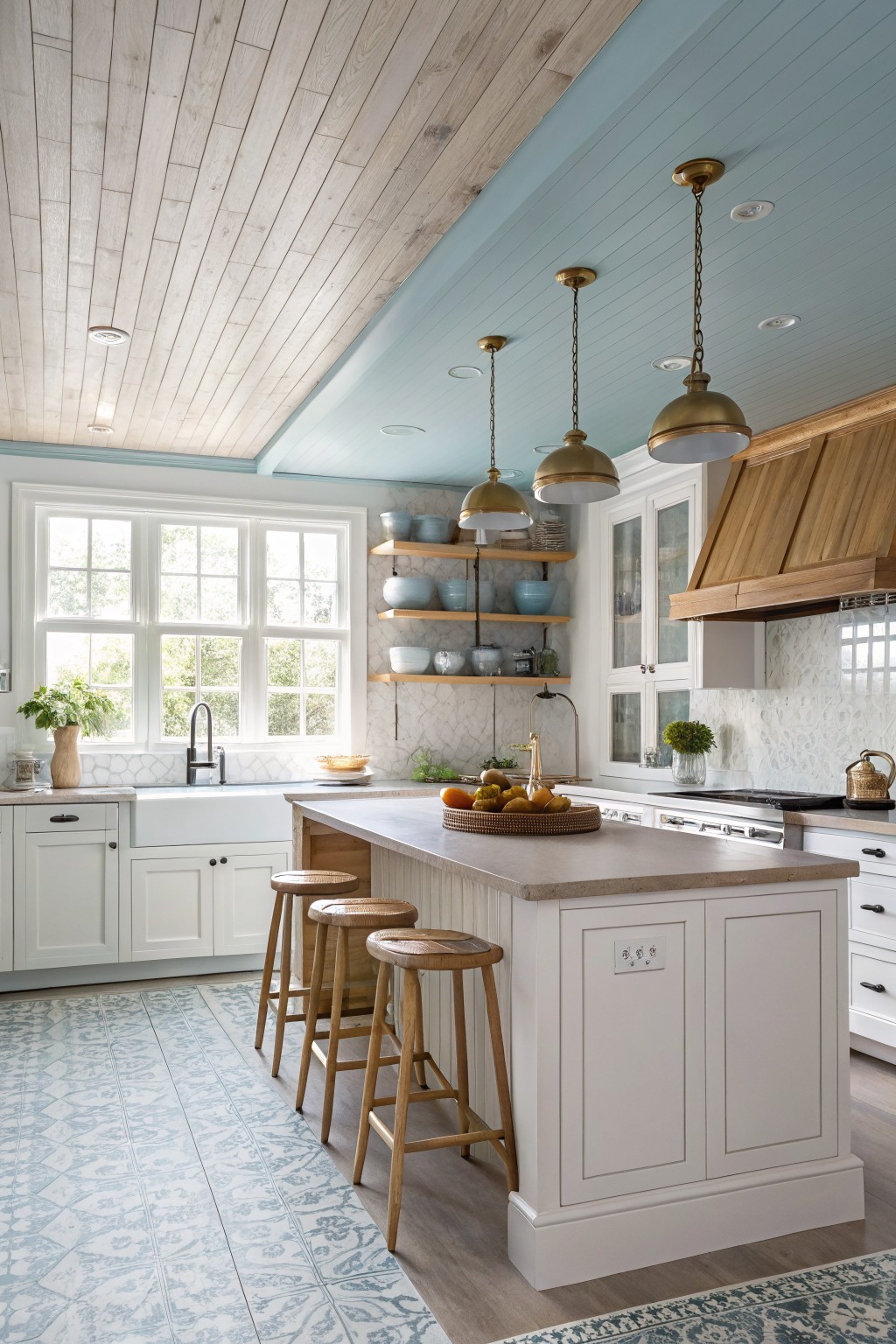 A kitchen with white cabinets and a soft blue ceiling.