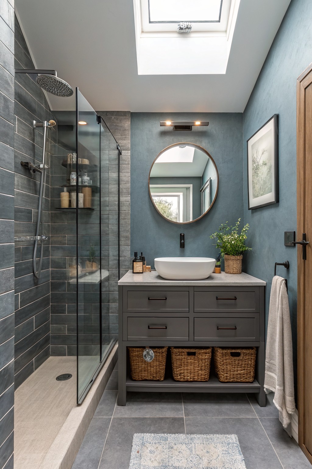Bathroom walls painted in a soft blue gray with gray tile and a dark vanity.