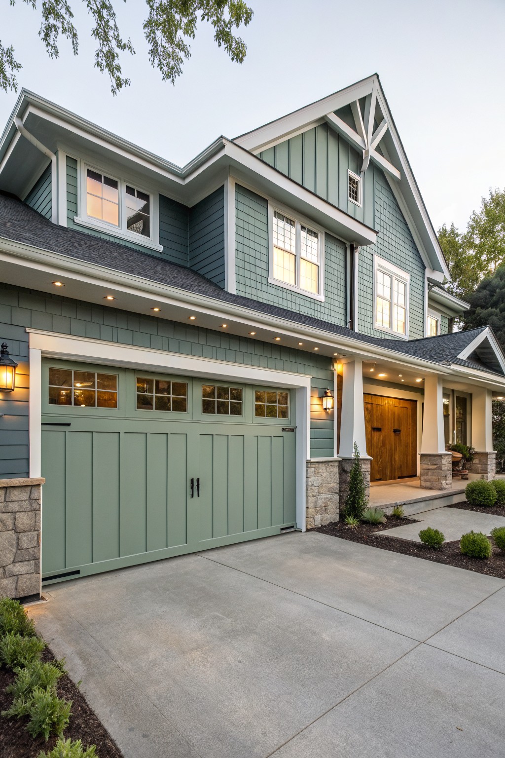 House exterior with soft sage green siding, white trim, and stone accents.