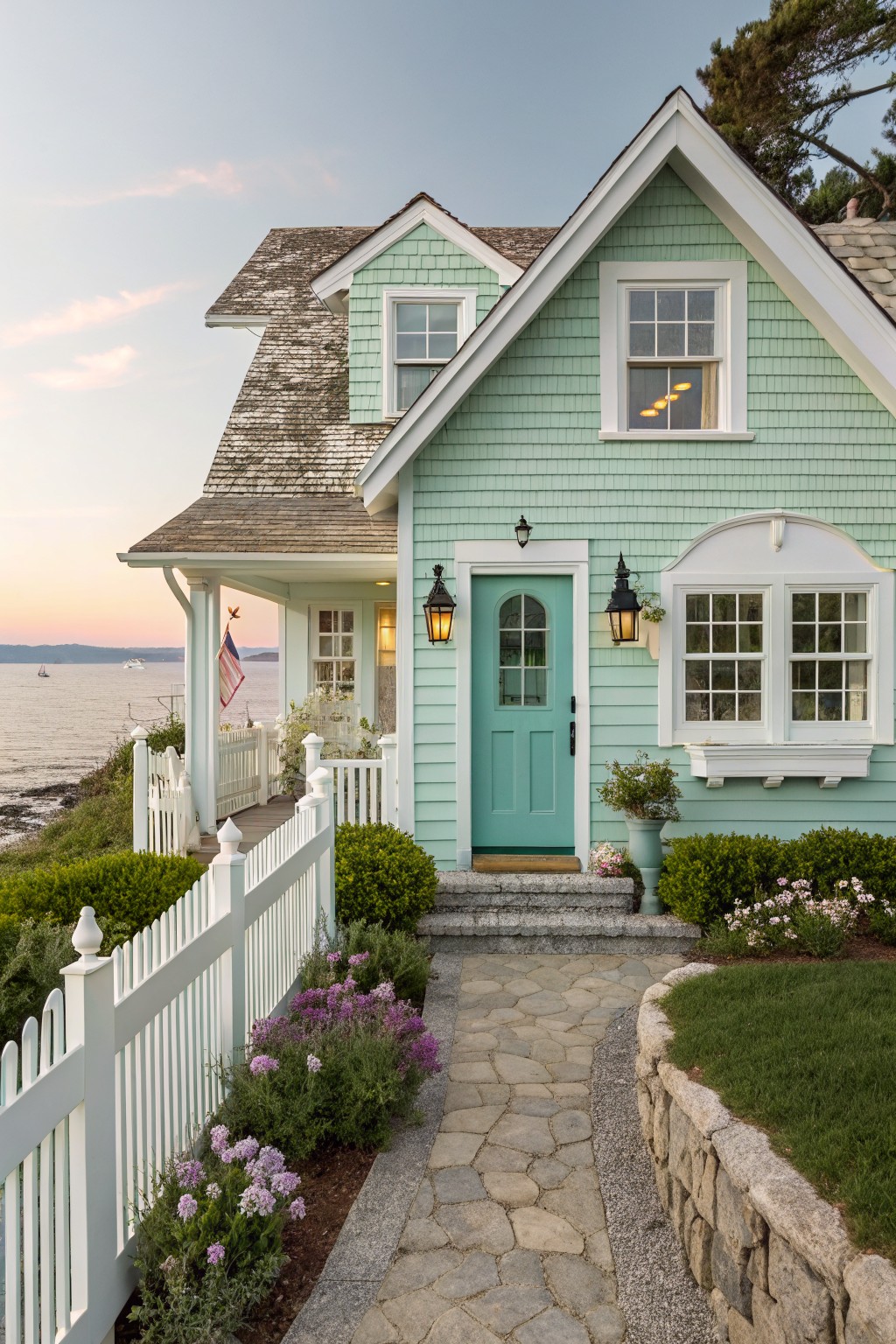 A light sage green house with white trim and a stone path leading to the front door.