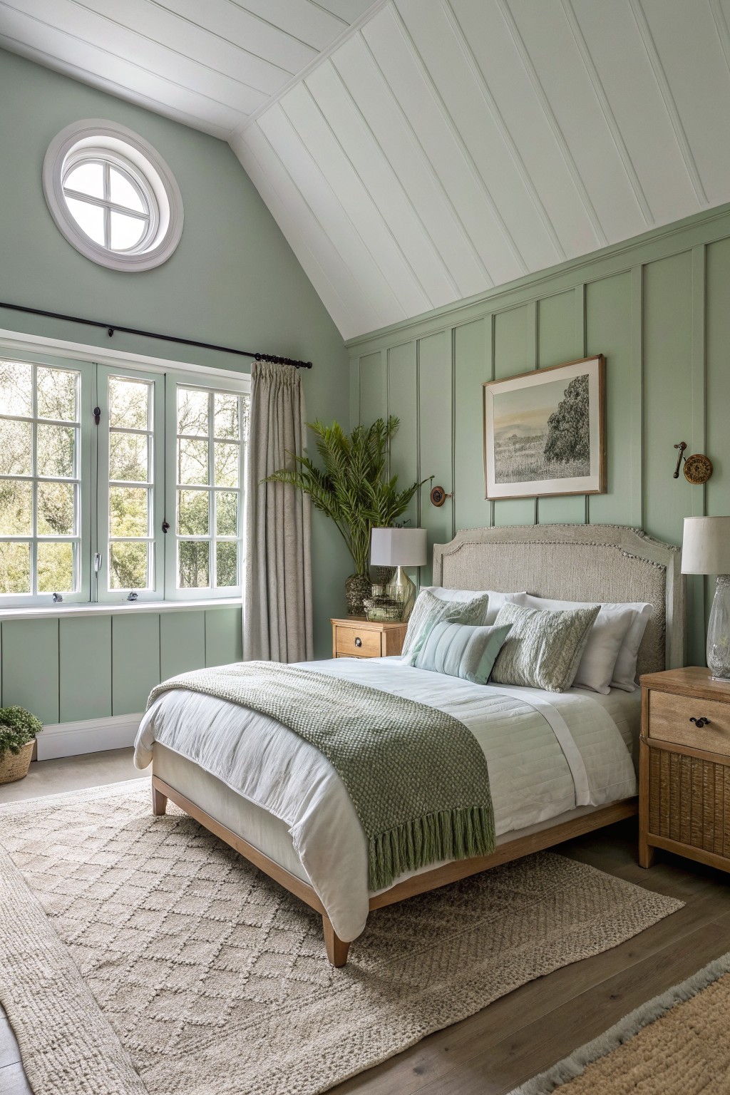 A bedroom featuring soft sage green walls with white trim and wood accents.