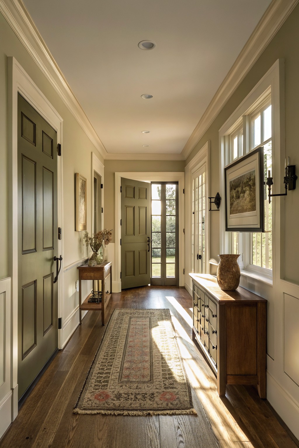 A hallway painted in soft sage green with white trim and dark wood floors.